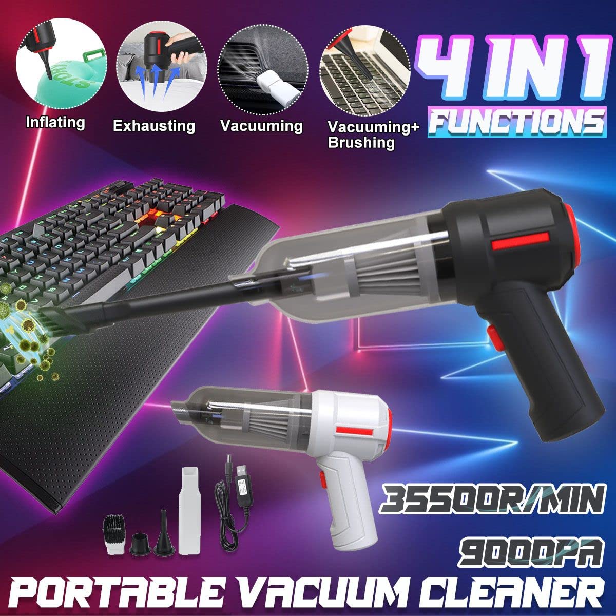 9000Pa 120W 4-in-1 Portable Cordless Car Vacuum Cleaner - Handheld Auto Vacuum & Blower for Car Detailing, Home Cleaning & Pet Hair Removal - Powerful Suction for Car Interiors, Upholstery & Hard-to-Reach Areas (White)
