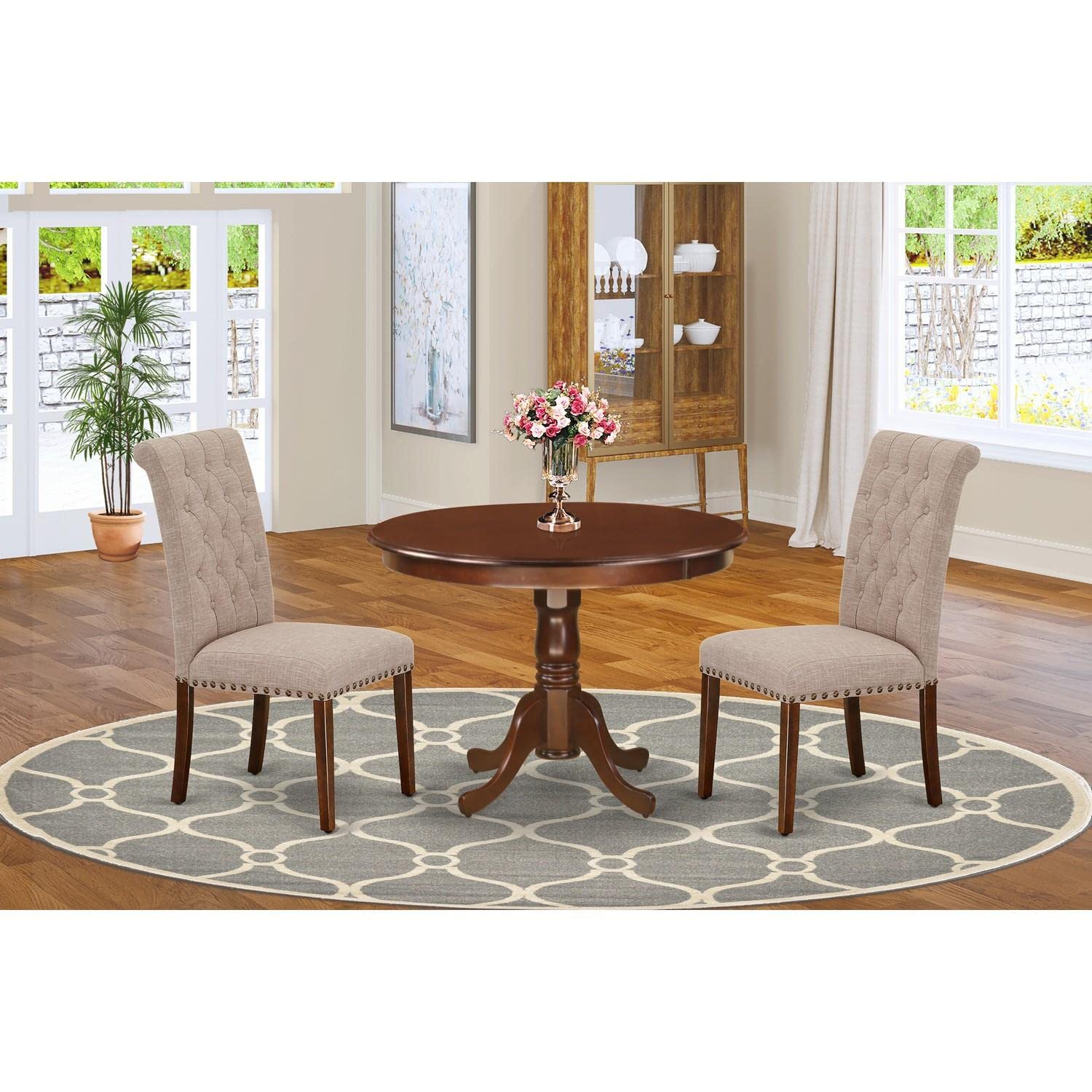 East West Furniture HLBR3-MAH-04 3-Piece Round Dining Set with Pedestal Table & 2 Linen Upholstered Chairs, 42x42 Inch, Mahogany - Perfect for Small Spaces, Breakfast Nooks & Cozy Dining Rooms
