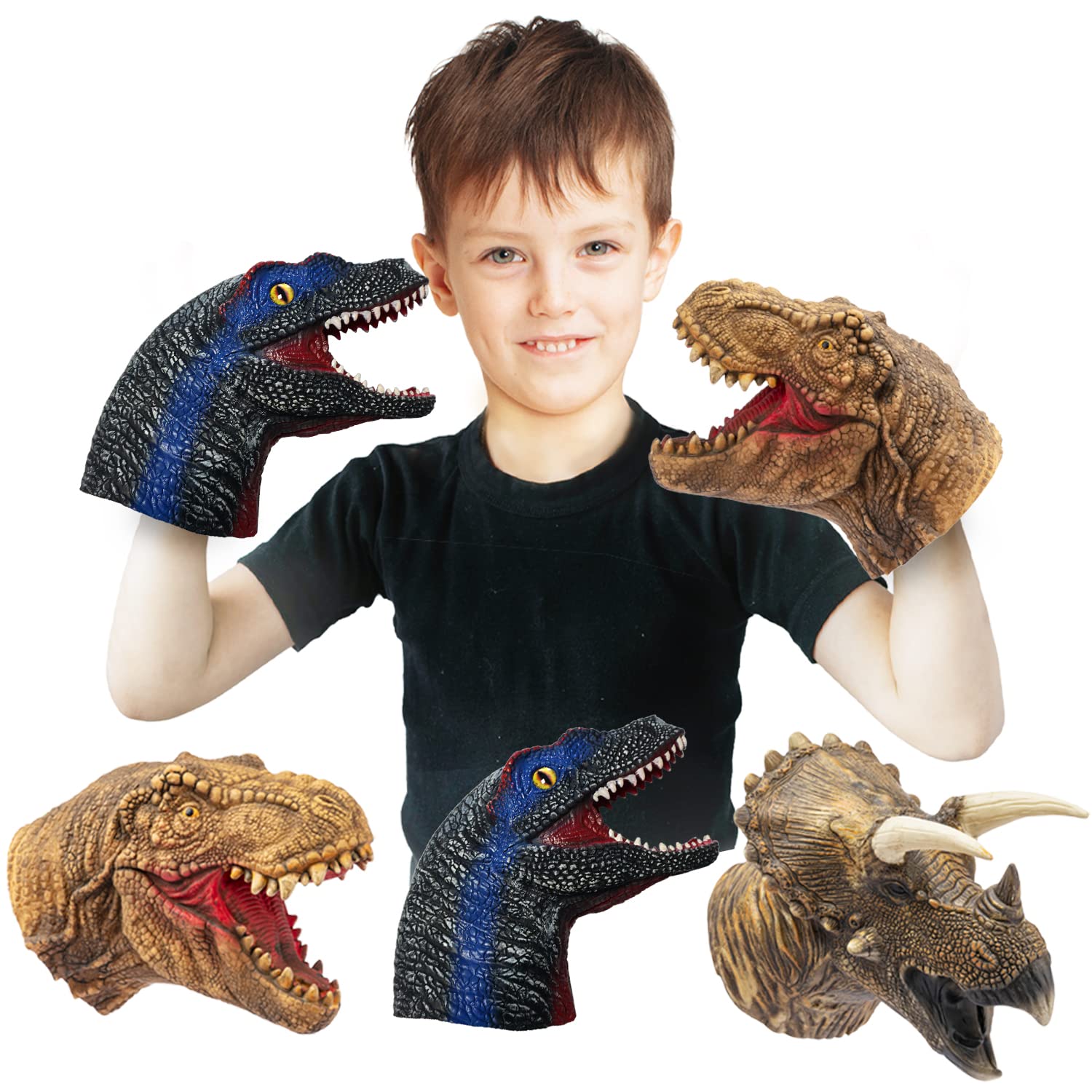 Realistic Latex Dinosaur Hand Puppets Set - Tyrannosaurus, Triceratops & Velociraptors - Soft Animal Head Toys for Kids, Perfect Gift for Birthday Parties, Classroom Activities & Imaginative Play