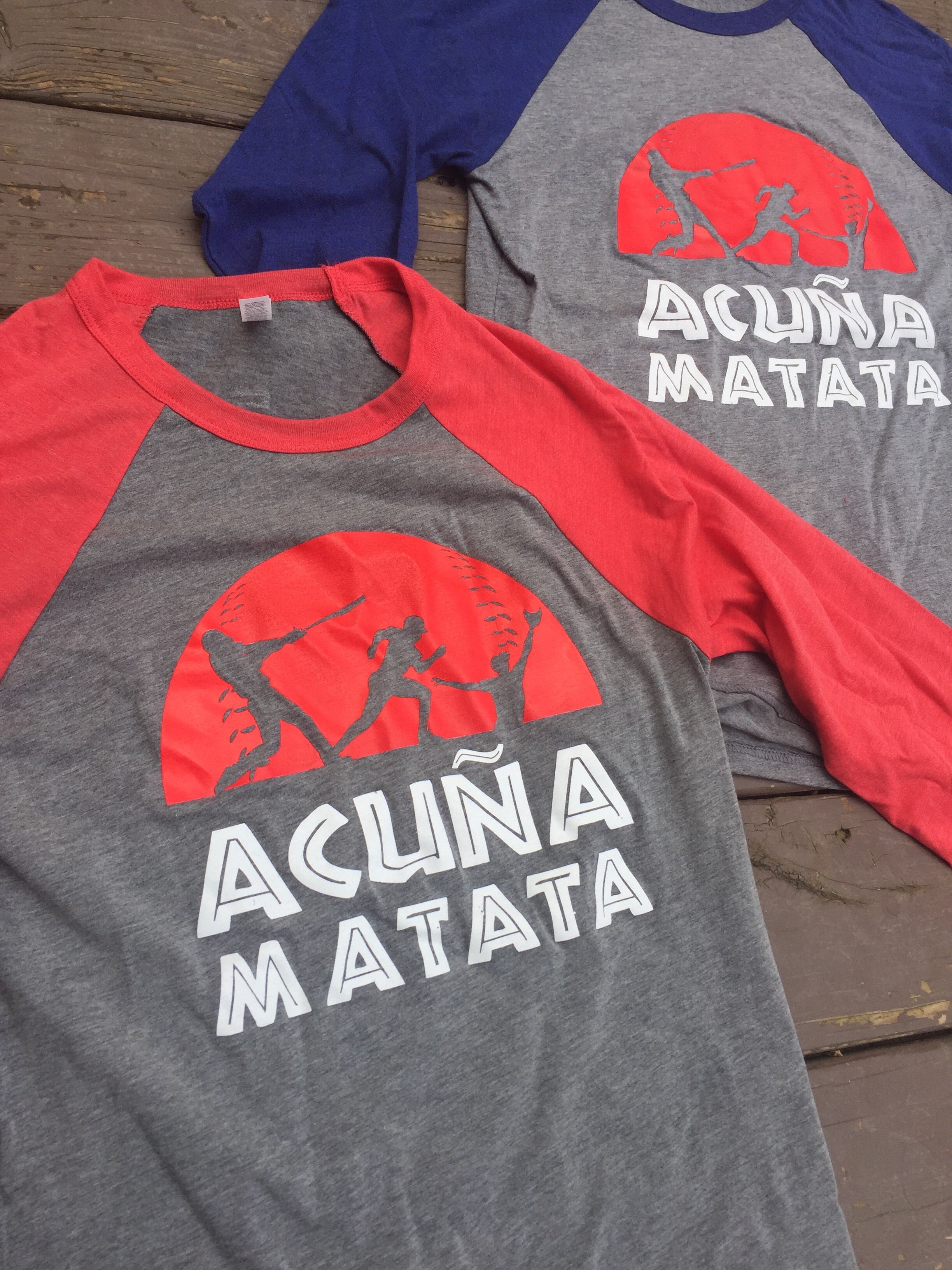 Acuña Matata Tri-Blend Raglan 3/4 Sleeve T-Shirt - Heathered Gray & Red Baseball Tee | Comfortable Casual Wear for Baseball Fans & Street Style