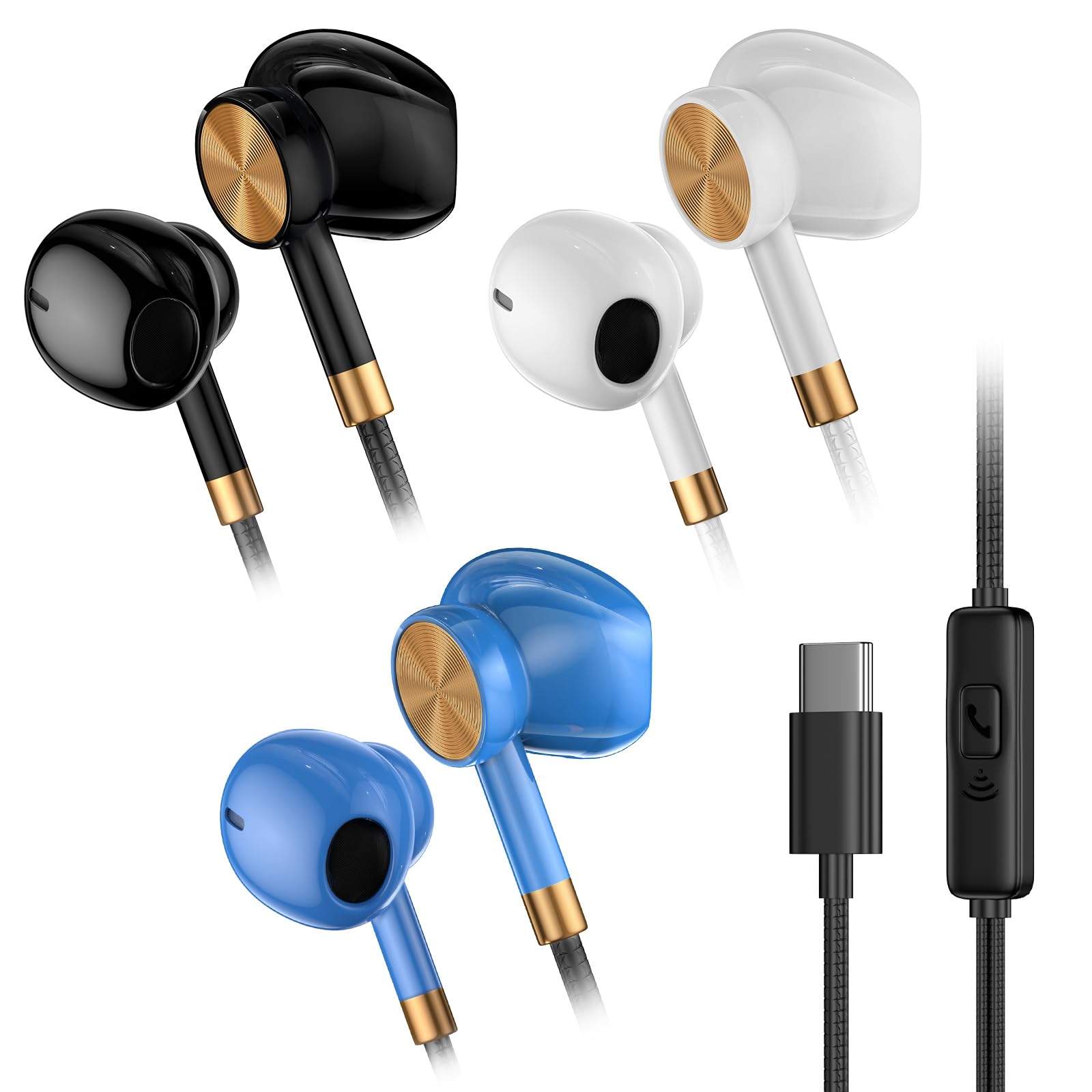 Premium USB C Headphones 3 Pack - Noise Isolating Wired Earbuds with Built-in Mic & Deep Bass | Compatible with Android Phones, Tablets & All USB Type C Devices | Perfect for Commuting, Workouts & Gaming