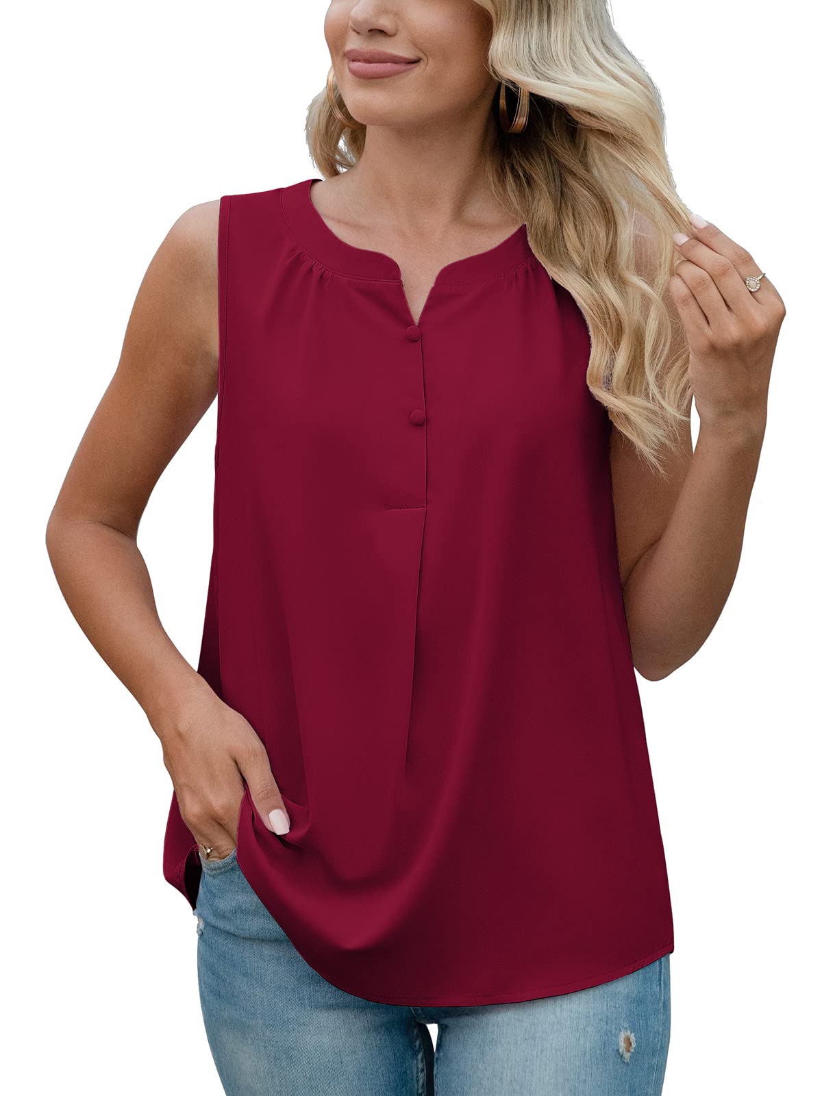 QUEZHU Women's Summer Sleeveless Chiffon Blouse - V Neck Button Down Shirt for Work & Casual Wear | Lightweight Breathable Top for Office, Outing & Vacation