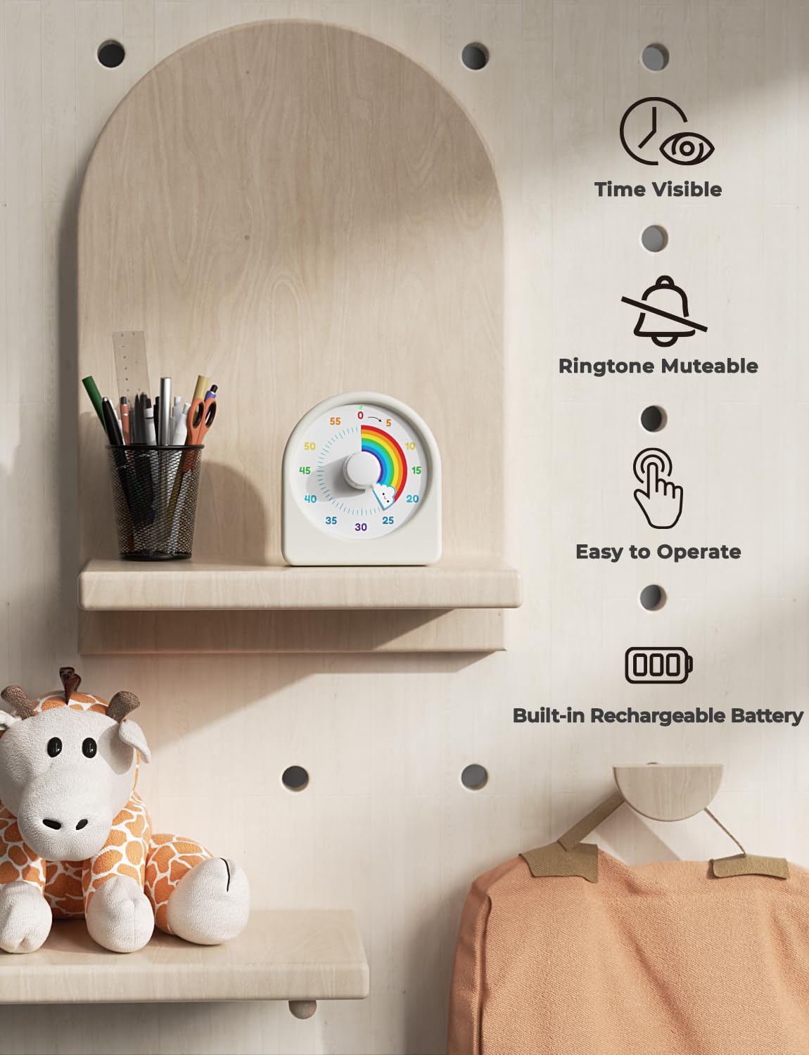 LIORQUE 60 Minute Visual Timer for Kids - Rechargeable Countdown Timer with Rainbow Design & Magnetic Back | Classroom, Homework, Pomodoro Study & Time Management Tool