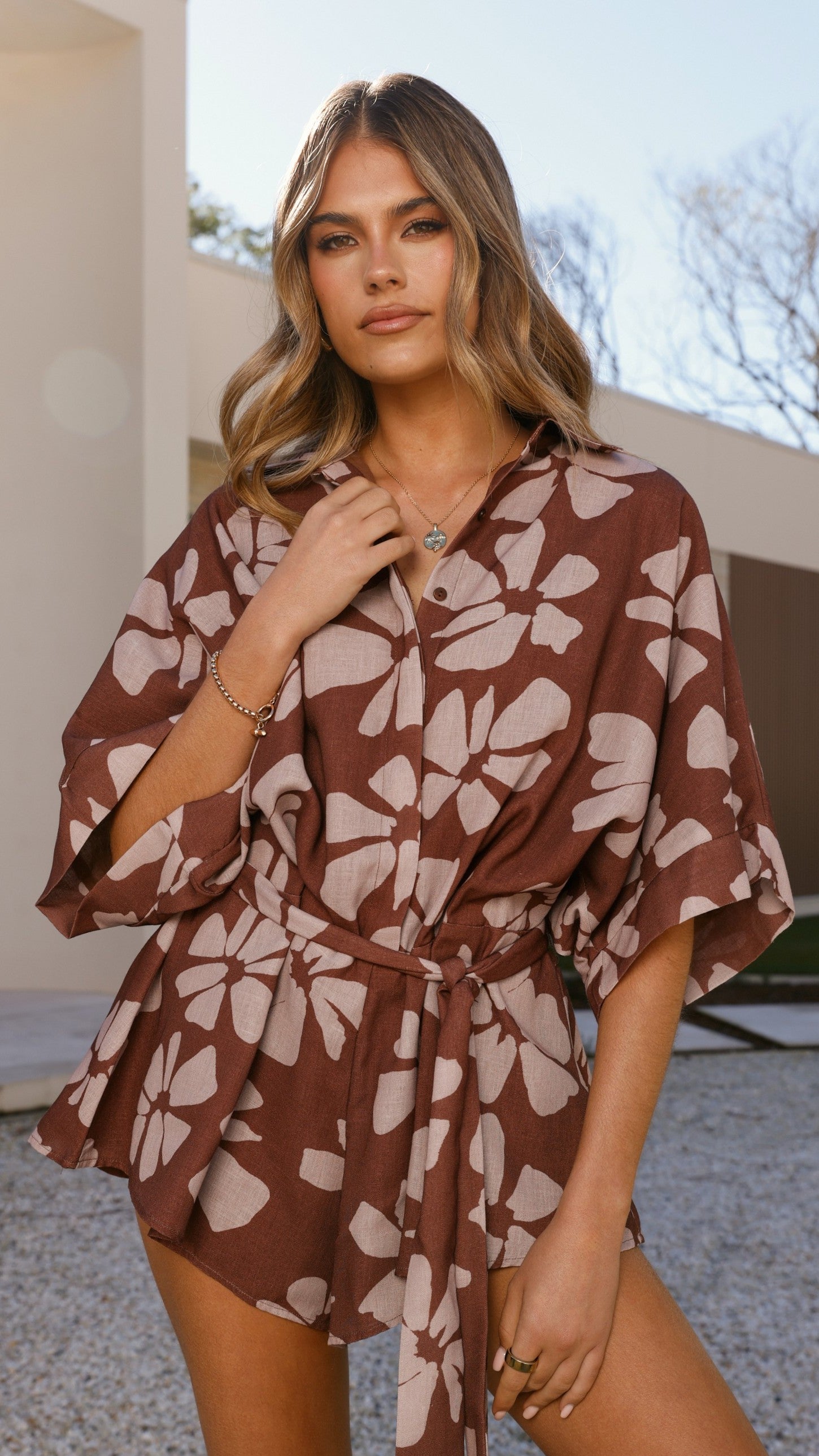 Bailin Women's Playsuit Romper - Brown Daylillies Floral Print Jumpsuit for Summer Casual Wear, Beach Vacation, and Outdoor Activities