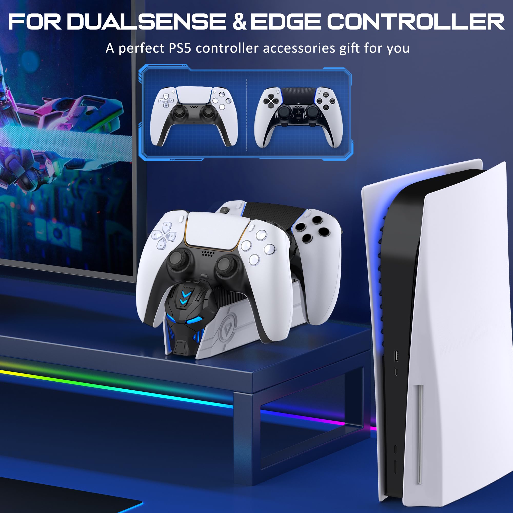 PS5 Controller Charging Station - Fast Dual Dock for DualSense/Edge with LED Light | Gaming Setup
