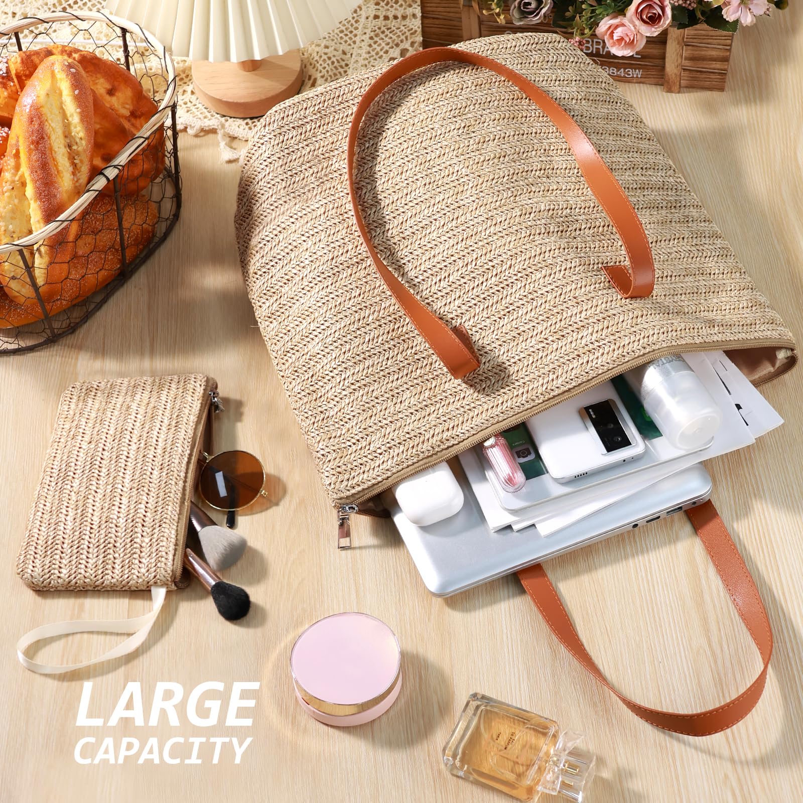 Straw Beach Bag for Women - Woven Summer Tote Shoulder Handbag Boho Style | Perfect for Beach Vacations, Pool Parties & Summer Outings