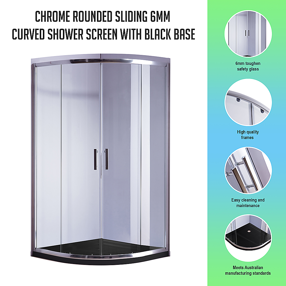 6mm Chrome Curved Shower Screen - 100x100cm Rounded Sliding Glass Door with Black Base for Modern Bathroom & Spa Style Showers