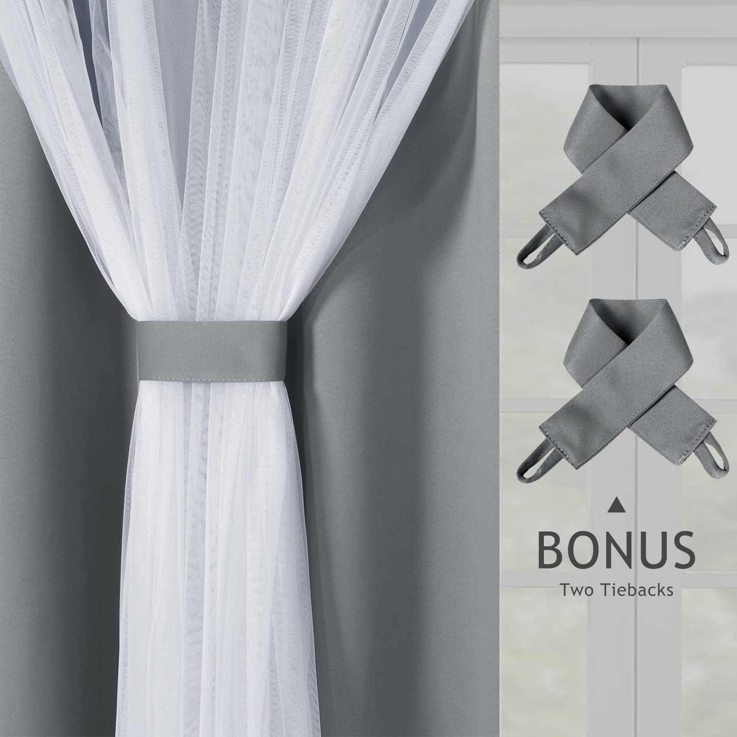 BONZER White Sheer Tulle Overlay Blackout Curtains with Grommet Top - 52x63 Inch Set of 2 Panels - Light Filtering & Room Darkening for Bedroom, Living Room & Nursery - Cloud Grey