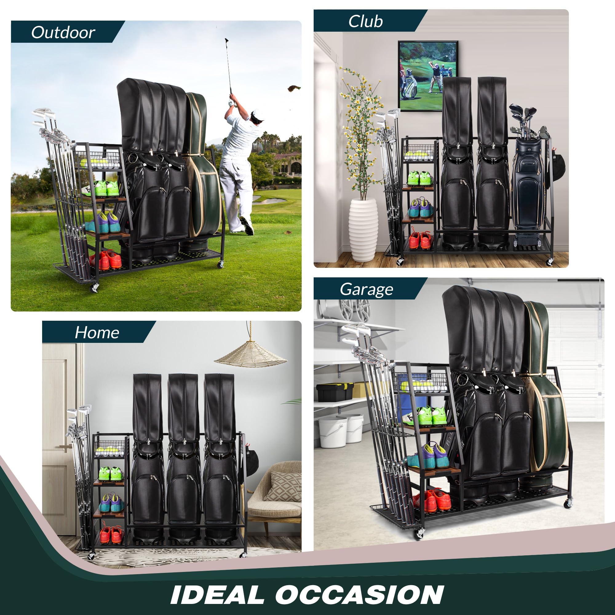 Sttoraboks 2/3 Golf Bag Storage Organizer - Heavy Duty Golf Bag Rack with Wooden Shelf & Lockable Wheels - Holds Golf Bags & Equipment Accessories - Perfect for Garage, Indoor, Basement & Golf Club Storage