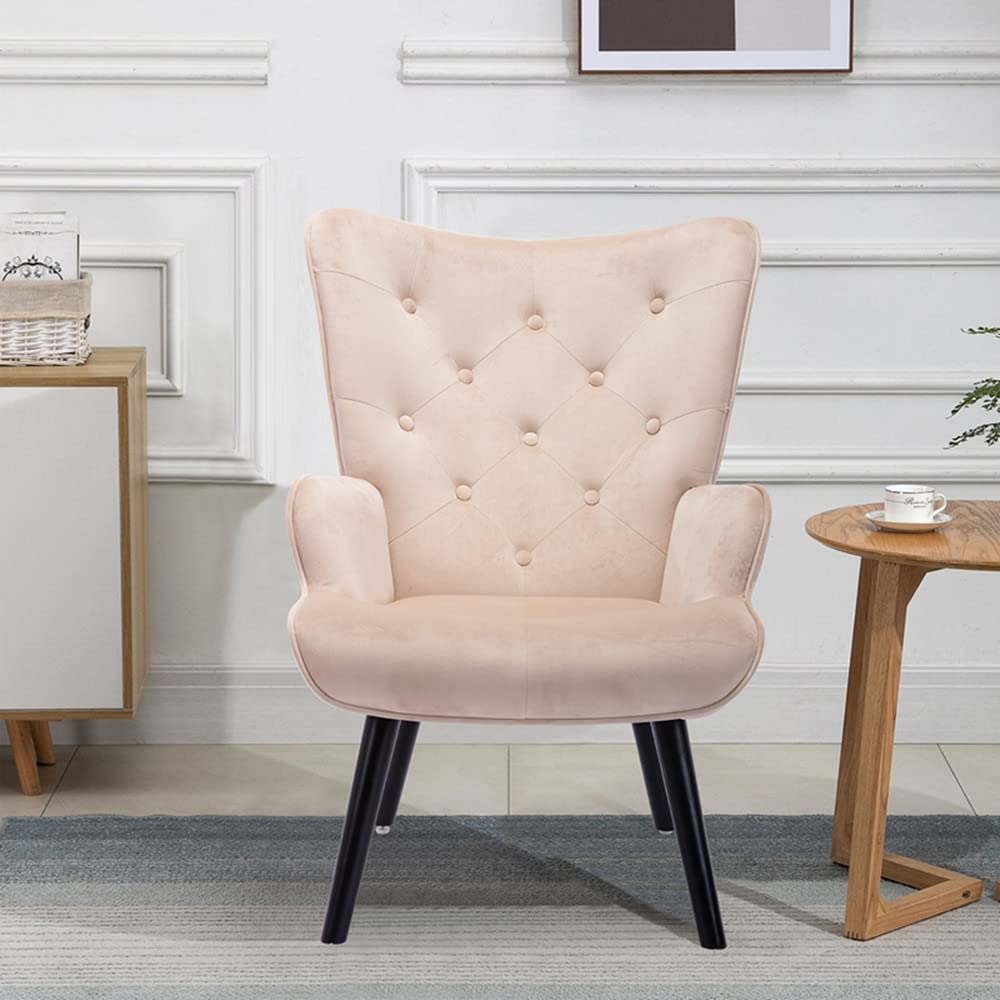 Modern Wingback Accent Chair with Tufted Button Design & Wooden Legs - Upholstered Armchair for Living Room, Bedroom or Office - Beige Lounge Chair for Relaxing, Reading & Coffee Time