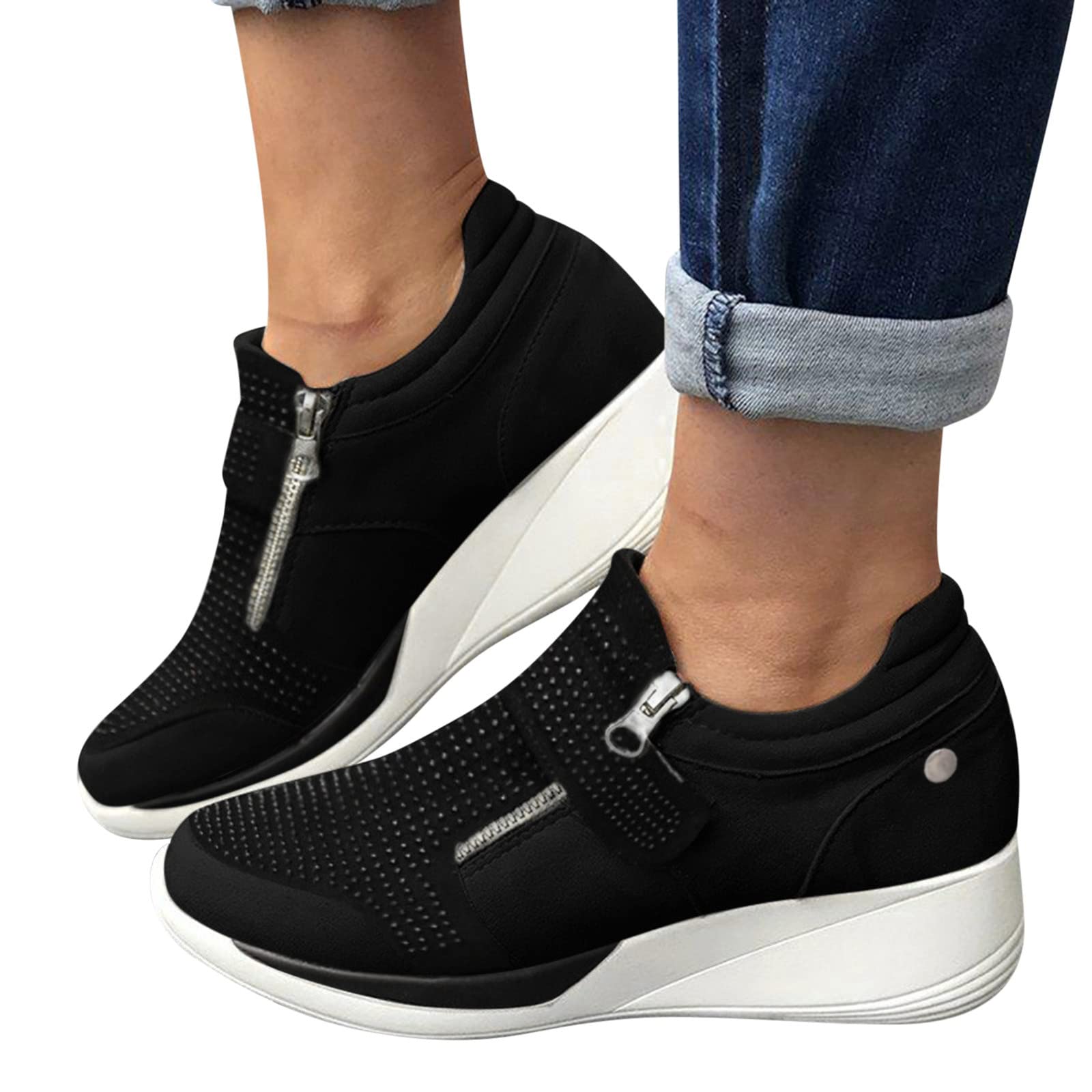 Women's Black Suede Rhinestone Velcro Wedge Sneakers - Lightweight Memory Foam Running Shoes for Jogging, Walking & Work | Fashion Casual Athletic Shoes for Women | Perfect for Gym, Office & Everyday Wear