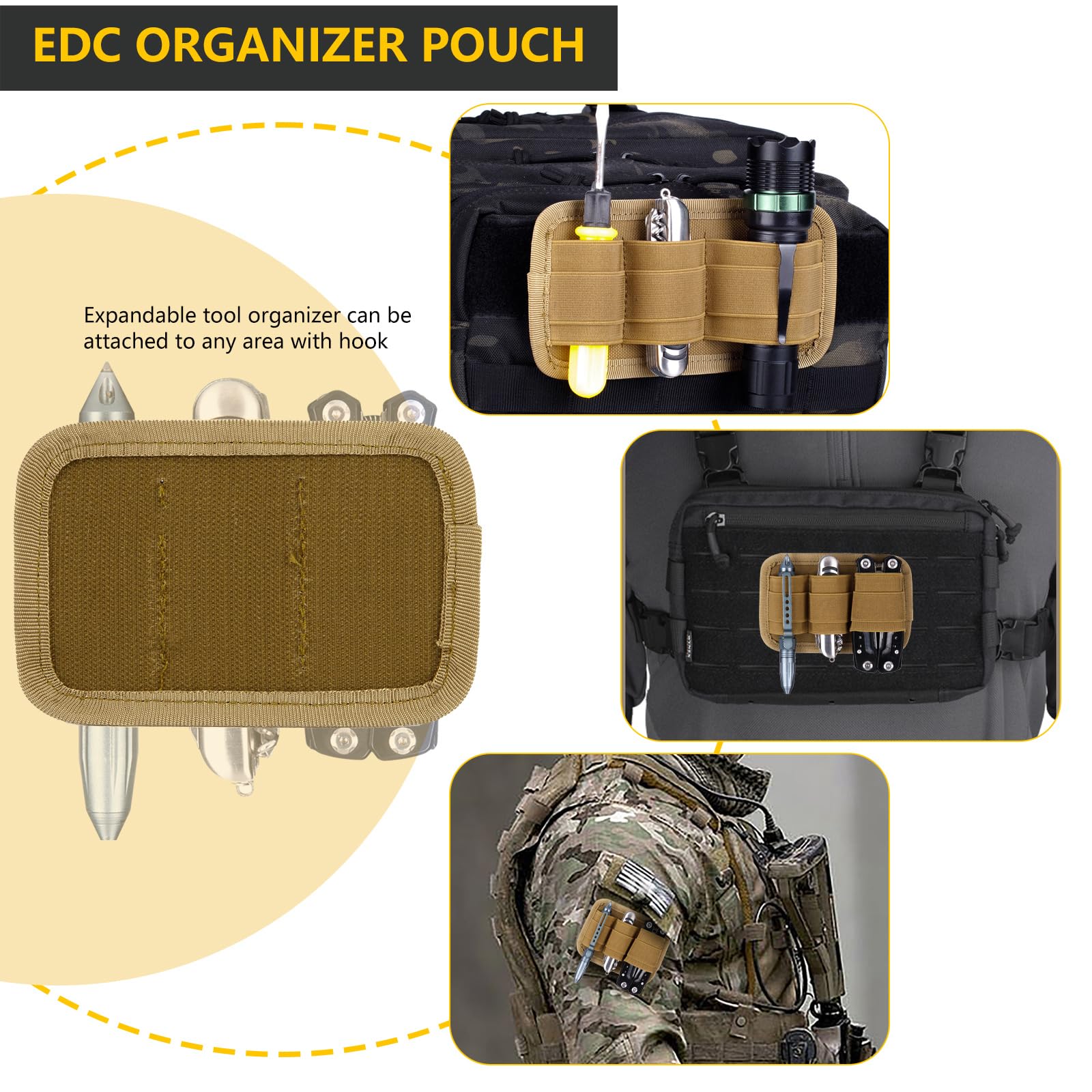 3-Pack Tactical Elastic Modular Organizer - EDC Insert Pouch Panel with Hook & Loop Backing - Durable Accessories Holder for Backpacks, Bags & Gear (Includes 2 D-Rings) - Perfect for Camping, Hiking, Travel & Everyday Carry Organization