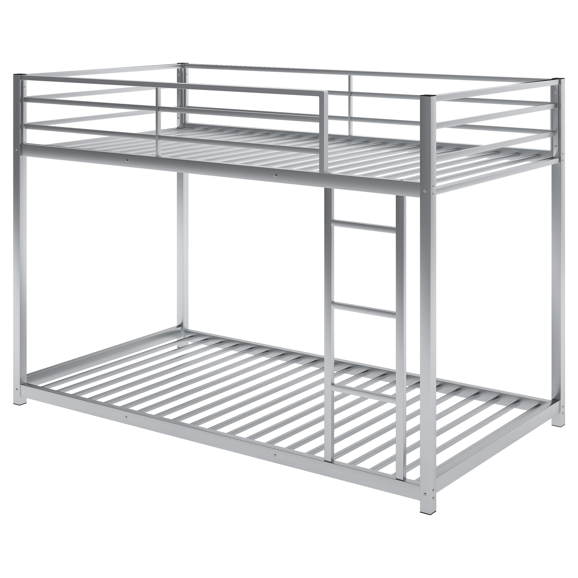 Metal Bunk Bed Twin Over Twin - Sturdy Low Bunk Bed Frame with Ladder & Guardrail for Teens & Adults - Heavy Duty Metal Bed Frame for Dorm, Bedroom or Guest Room - Easy Assembly, No Box Spring Needed (Silver, Twin Size)