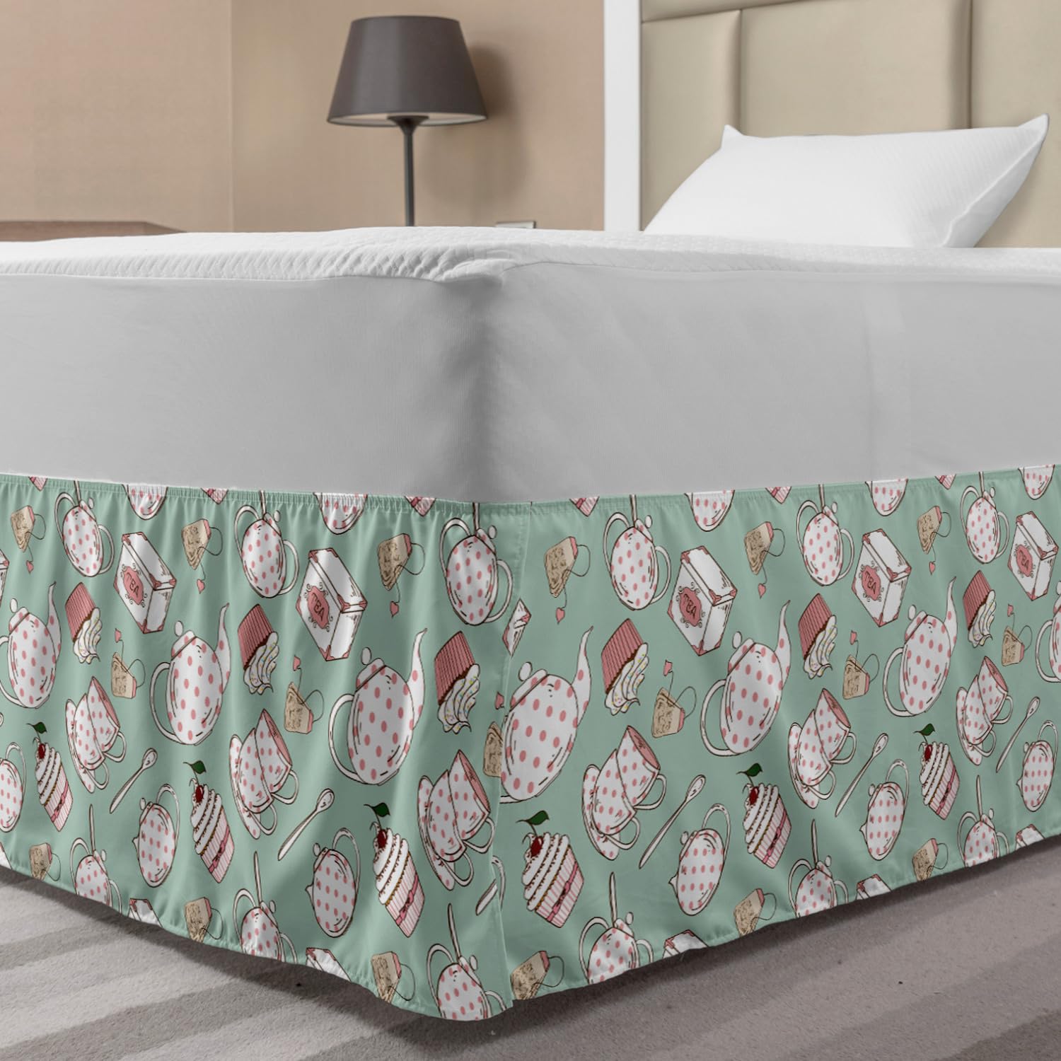 Ambesonne Tea Party Elastic Bed Skirt - Polka Dot Teapot & Cupcake Design, Wrap Around Dust Ruffle for Twin/Twin XL Beds, Almond Green Coral - Perfect for Vintage Themed Bedrooms & Cozy Tea Lovers' Decor