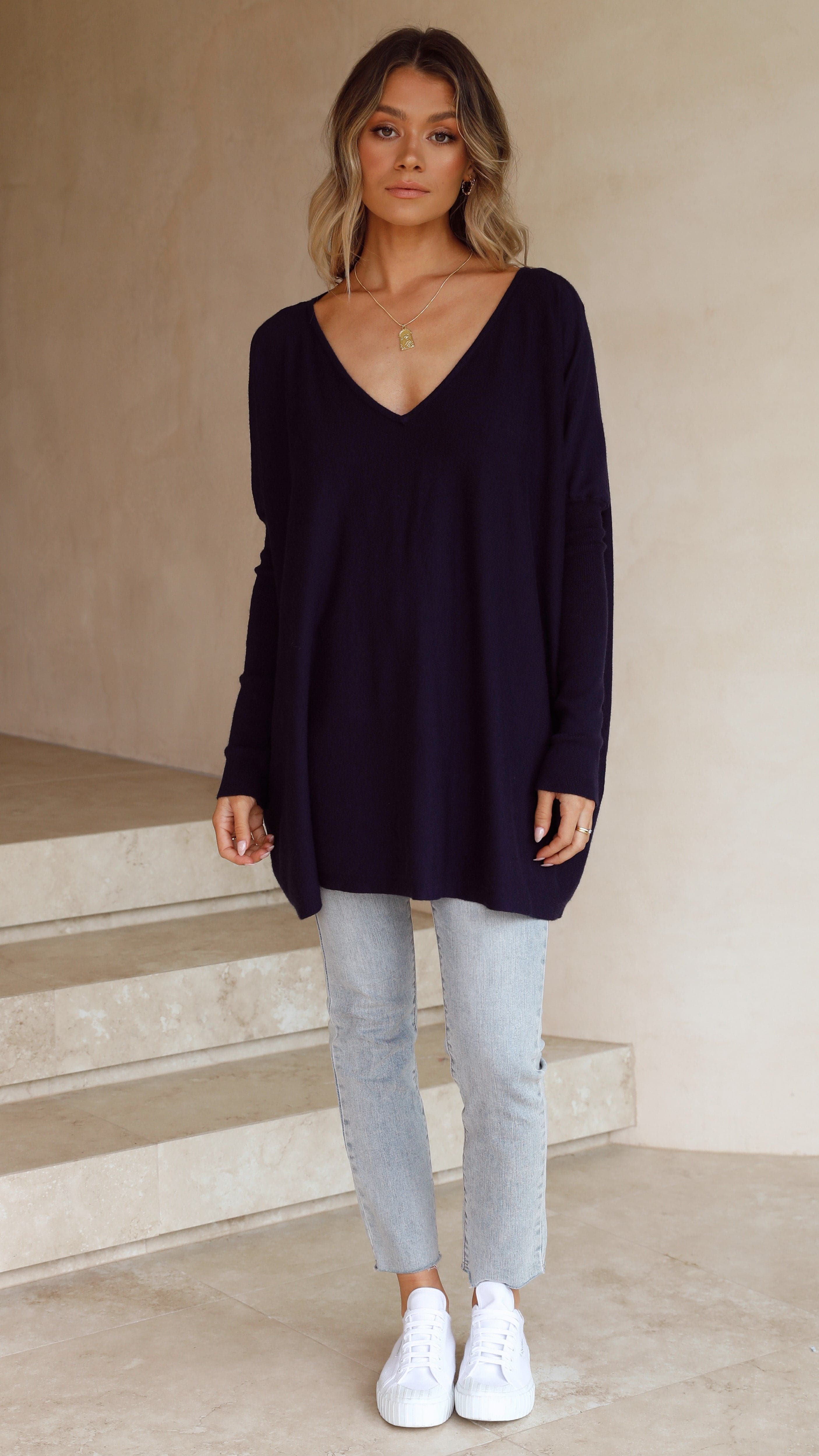 Amalia Knit Top for Women - Soft & Comfortable Navy Blue Crewneck T-Shirt - Perfect for Casual Wear, Layering & Everyday Outfits