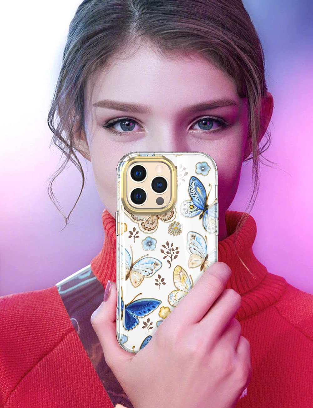 STERKER iPhone 15 Pro Case - Rugged Floral Design with Built-in Screen Protector | Shockproof TPU Bumper Cover for Women & Girls | Butterfly Pattern Protective Phone Case for Daily Use, Outdoor Activities & Travel