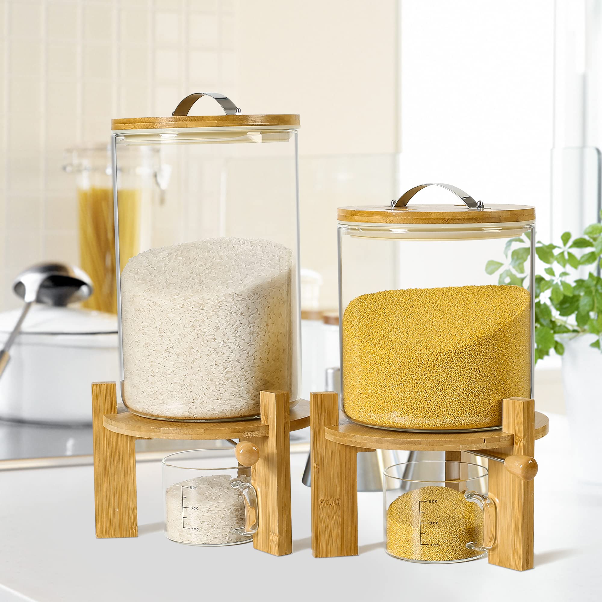 Premium 8L Glass Rice Dispenser & Food Storage Container with Airtight Lid & Wooden Stand - Ideal for Flour, Cereal, Grains - Perfect for Kitchen Organization & Pantry Storage - Great for Meal Prep, Baking & Bulk Food Storage