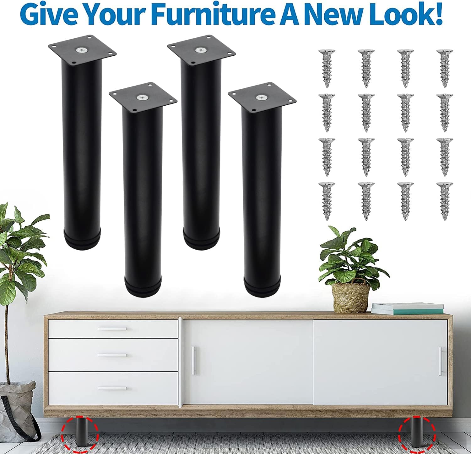 12 Inch Adjustable Stainless Steel Metal Furniture Legs - Round Black Cabinet Legs for Coffee Table, Desk, Sofa & Shelves (Set of 4) - Perfect for Modern Home & Office Furniture Upgrade