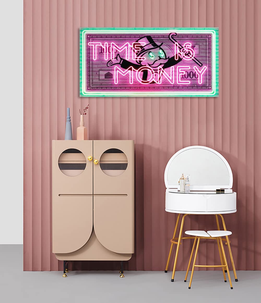 Time Is Money Motivational Office Canvas Art - Green & Pink Inspirational Wall Decor for Home & Workspace - 48x24 Inch Framed Print (Easy to Hang) - Perfect for Office, Study Room & Business Inspiration