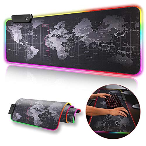 RGB Gaming Mouse Pad with LED World Map Design - Extra Large 31.5x11.8 Inch Non-Slip Rubber Base, Waterproof Keyboard & Mouse Mat for PC Gamers - Perfect for Gaming Setups & Office Workstations