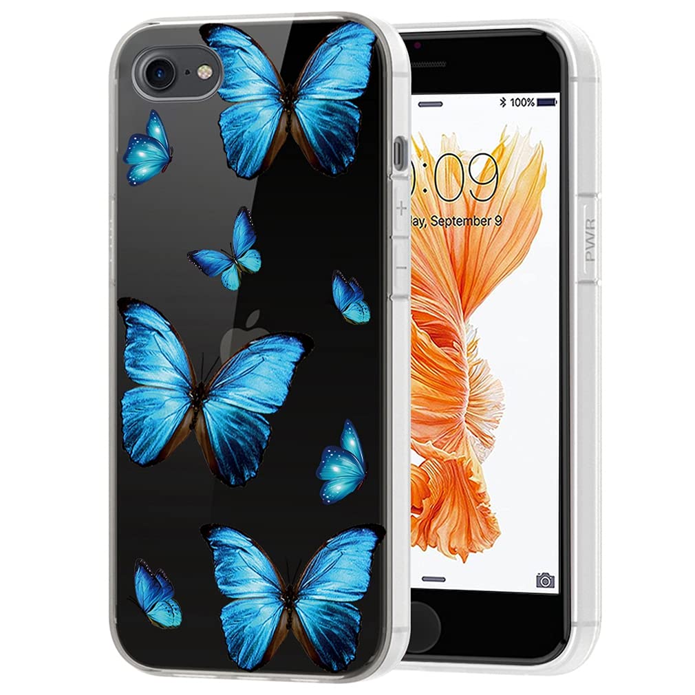 iPhone 6/6S Case - Clear Flexible TPU Bumper with Blue Butterfly Design | Soft Silicone Rubber Protective Cover | Perfect for Everyday Use, Work & Travel