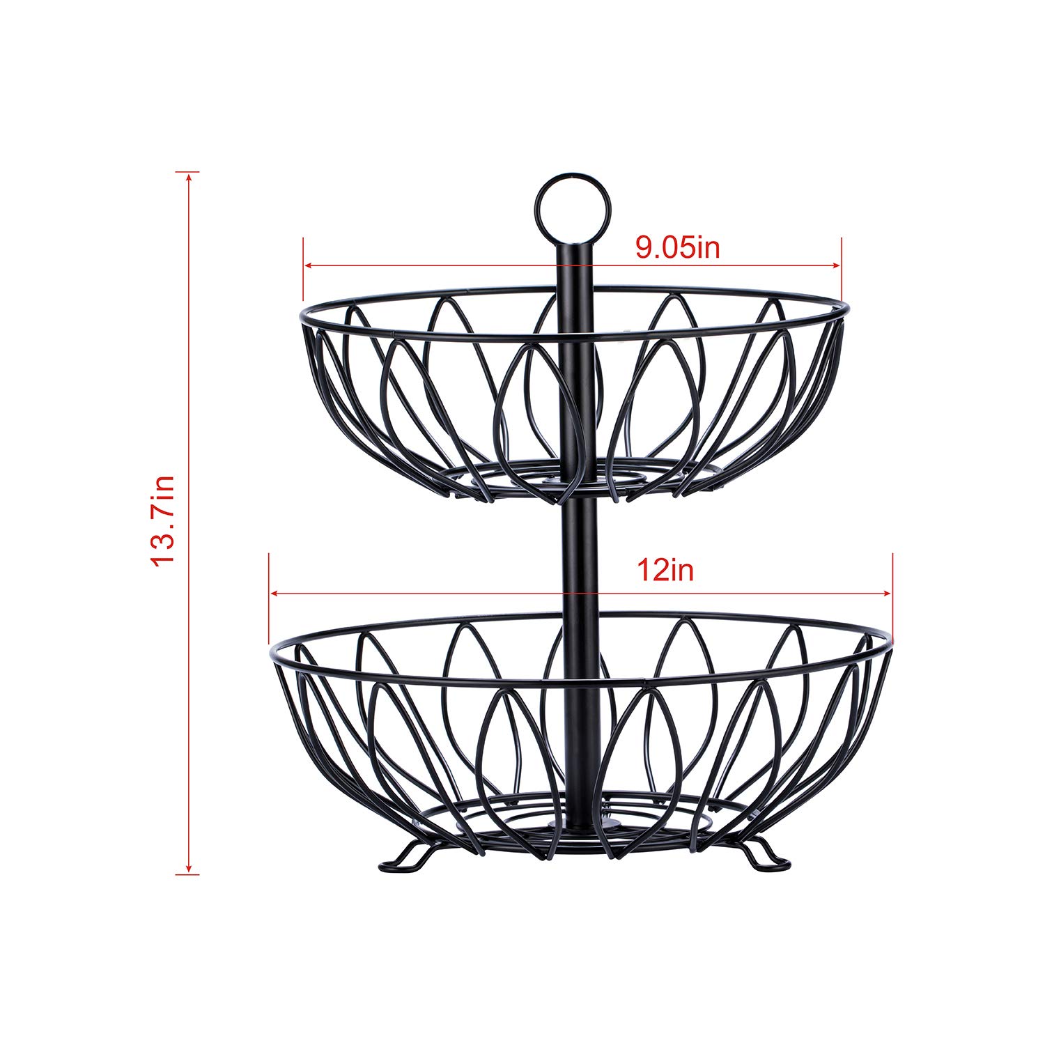 2-Tier Black Metal Cast Iron Fruit & Vegetable Basket - Countertop Storage Stand for Kitchen, Dining Room, or Pantry Organization | Perfect for Displaying Fresh Produce, Snacks, or Decor