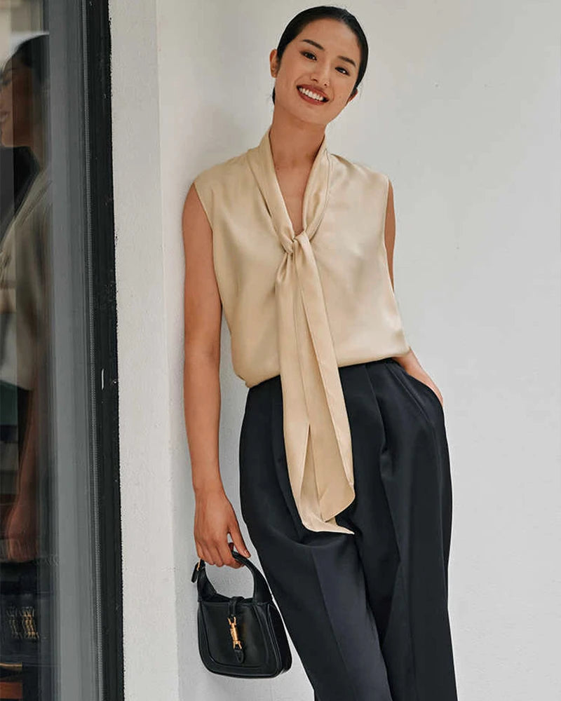 Elegant Sleeveless Silk Blouse for Women - Chic Tie Neck Design - Perfect for Office Wear, Evening Parties & Special Occasions