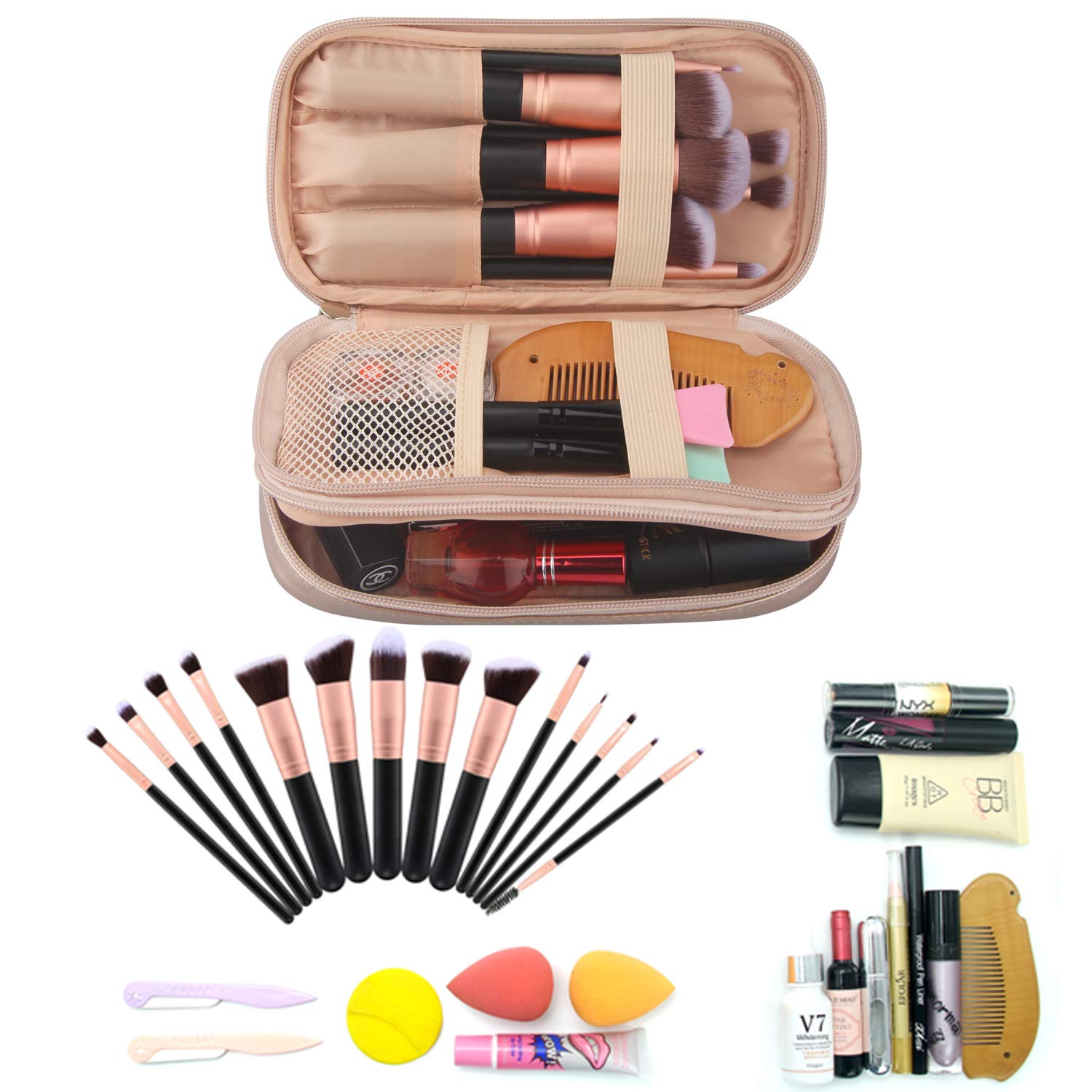 MONSTINA Rose Gold Waterproof Makeup Bag for Women - Small Travel Cosmetic Organizer with Compartments for Brushes & Essentials | Perfect for Purse, Gym & Vacation