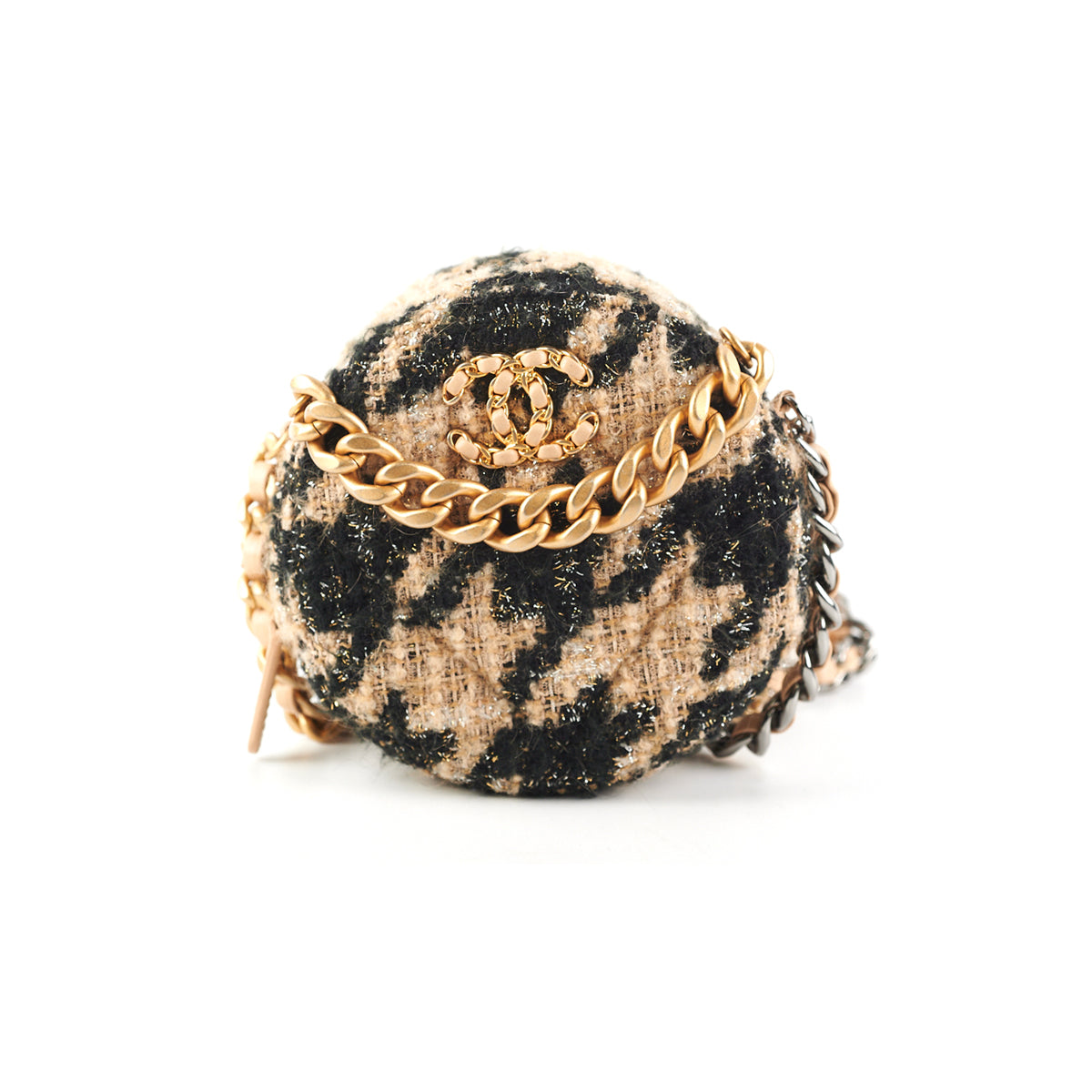 Chanel 19 Houndstooth Tweed Round Clutch Bag in Beige - Elegant Evening Purse for Women's Parties & Special Occasions