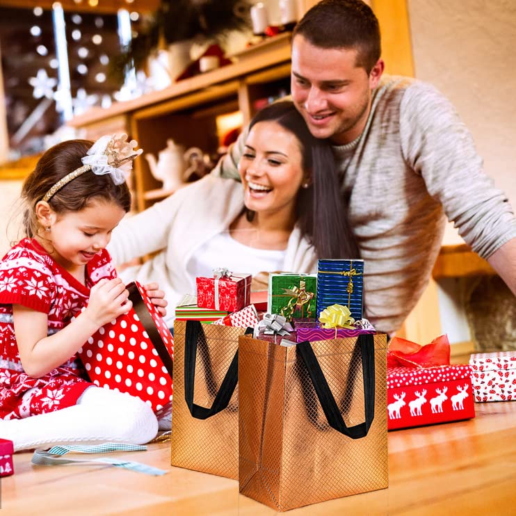 60 Pack Reusable Non-Woven Gift Bags - 8x10 Inch Eco-Friendly Tote Bags for Wedding, Birthday, Halloween & Thanksgiving Party Favors (Gold Glossy) - Bulk Grocery Bags for Gifts, Shopping & Events