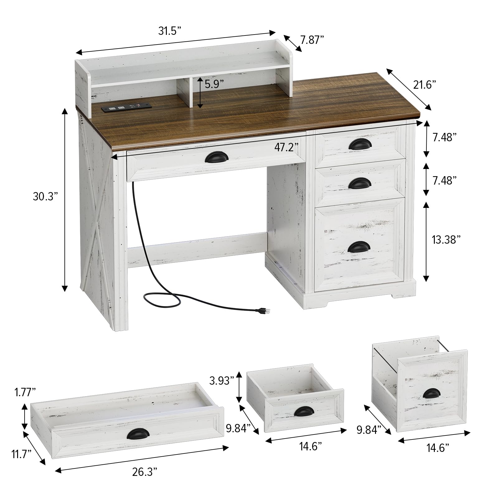 Farmhouse Style 47-inch Computer Desk with Monitor Stand, LED Lights & Power Outlets - Wooden Home Office Workstation with Storage Cabinet for Gaming, Studying & Working (Antique White) | Perfect for Small Spaces, Home Offices & Dorm Rooms