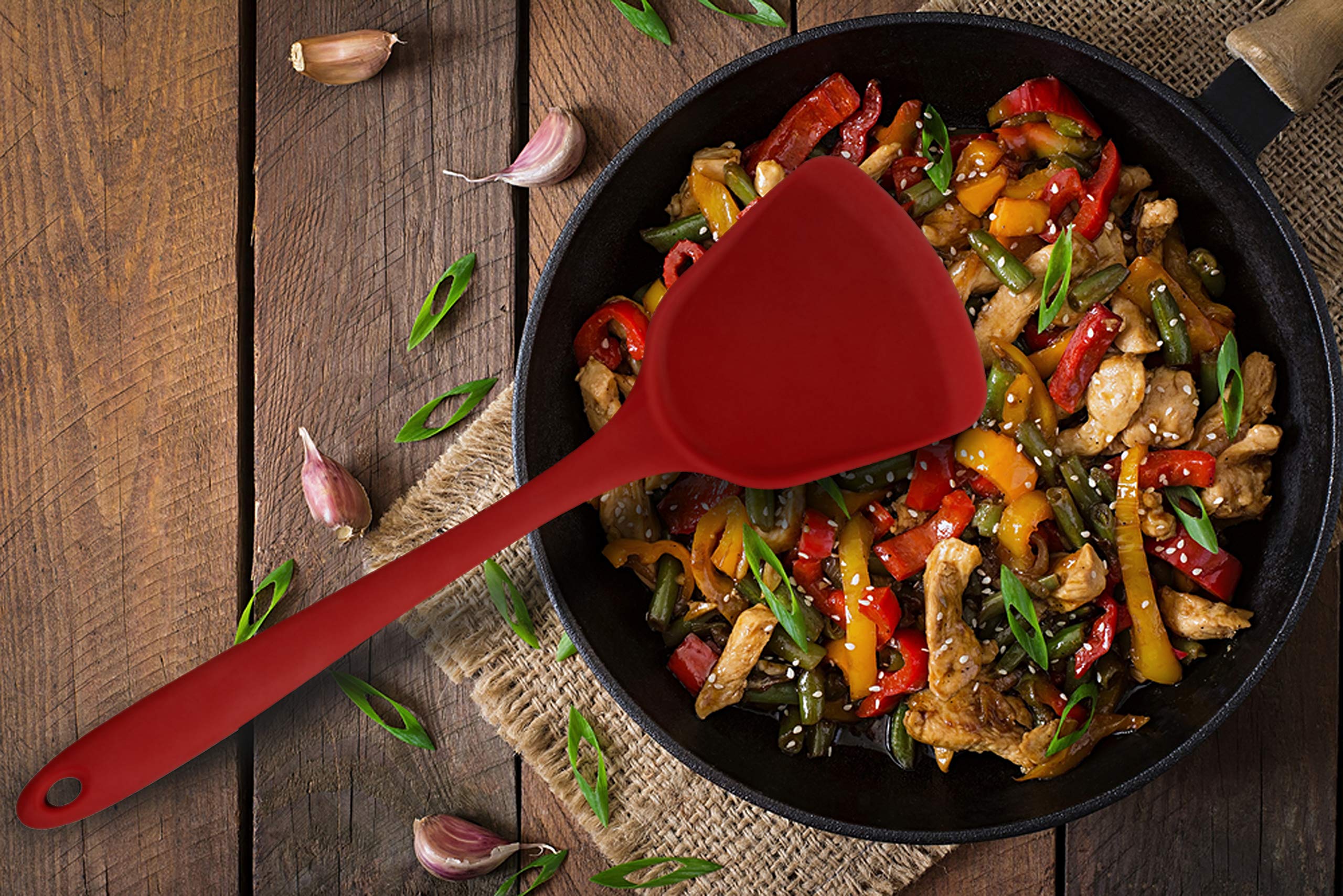 Asian Kitchen Silicone Wok Turner & Stir Fry Spatula - 13 Inch Heat Resistant Cooking Utensil for Nonstick Pans - Red Kitchen Tool for Sauteing, Flipping & Stir-Frying