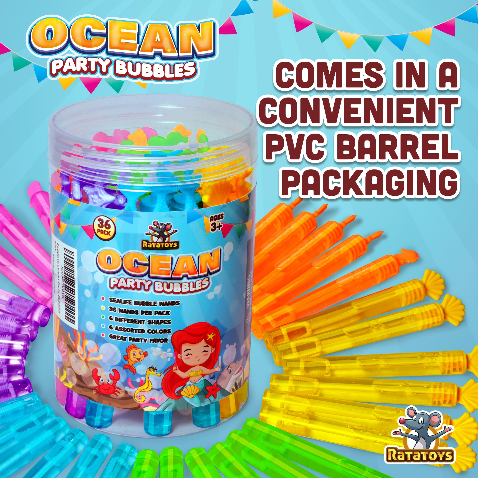 Ocean Party Bubbles for Kids - 36 Pack Sea Life Bubble Wands with Mermaid & Marine Animal Shapes | Non-Toxic Bubble Solution | Perfect for Birthday Parties, Beach Themes & Outdoor Play | Fun Party Favors for Boys & Girls Ages 3+