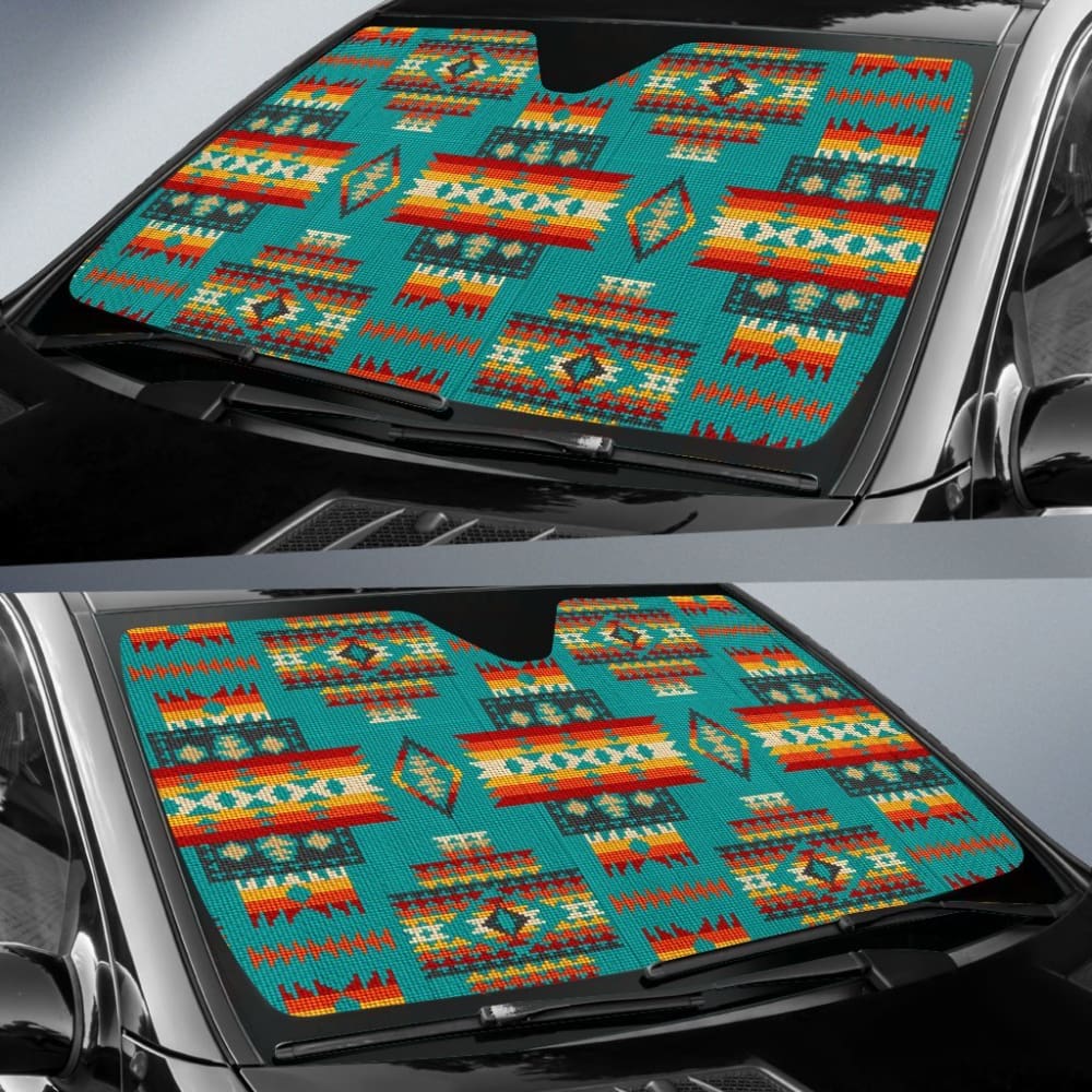 Blue Pattern Native Auto Sun Shades 093223 - Car Window Shades for UV Protection & Heat Reduction - Perfect for Summer Driving, Road Trips, and Parking