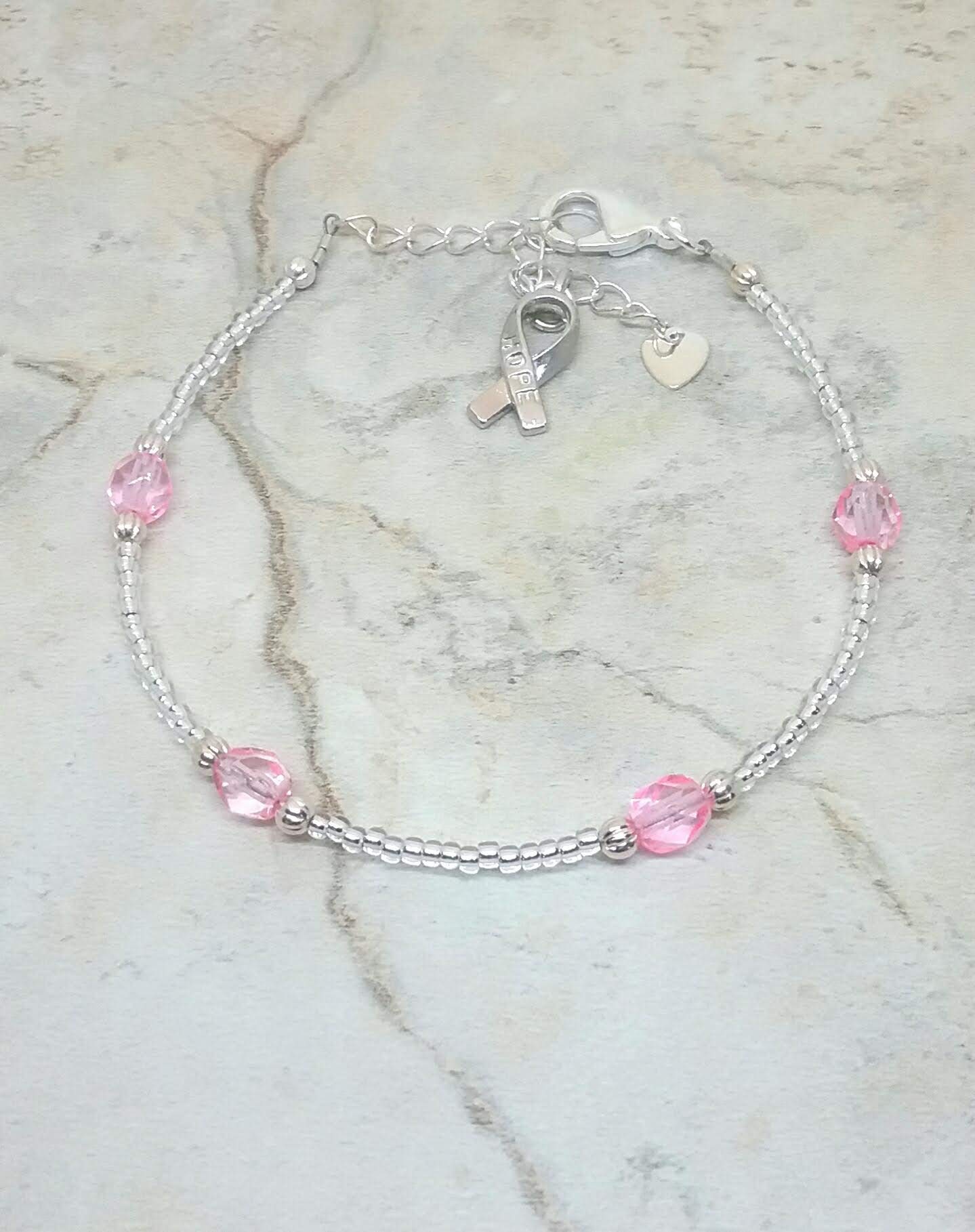 Breast Cancer Awareness Ankle Bracelet - Silver Tone Pink Ribbon Anklet with Heart Charm for Women | Hope & Support Jewelry Gift for Survivors, Fundraisers and Awareness Events