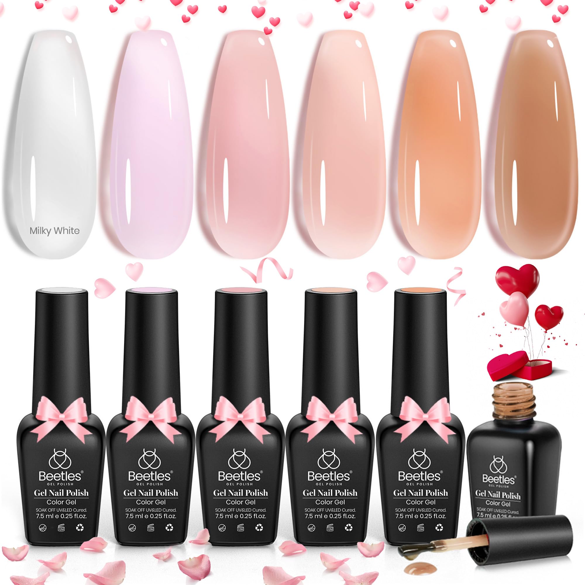 Beetles Jelly Gel Nail Polish Set - 6 Colors Milky White Nude Pink Sheer Brown Soak Off UV Gel Polish Kit | Translucent French Manicure Effect, Nail Concealer | Perfect for Home Salon, DIY Nail Art, Gift for Women | Monochrome Collection