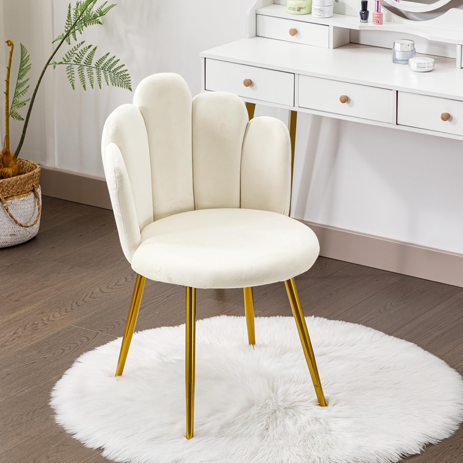 Midcentury Modern Velvet Vanity Chair with Gold Legs - Cream Makeup Chair with Back Support for Bedroom, Living Room & Dressing Room | Perfect for Glamorous Makeup Sessions & Elegant Home Decor