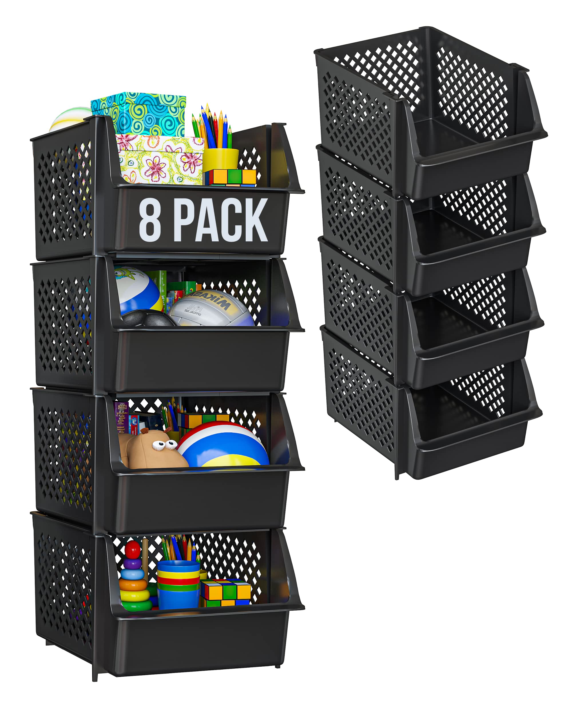 Skywin 8-Pack Black Plastic Stackable Storage Bins - Organize Pantry, Kitchen & Bathroom Essentials | Space-Saving Home Organization Solution for Food, Spices & Toiletries