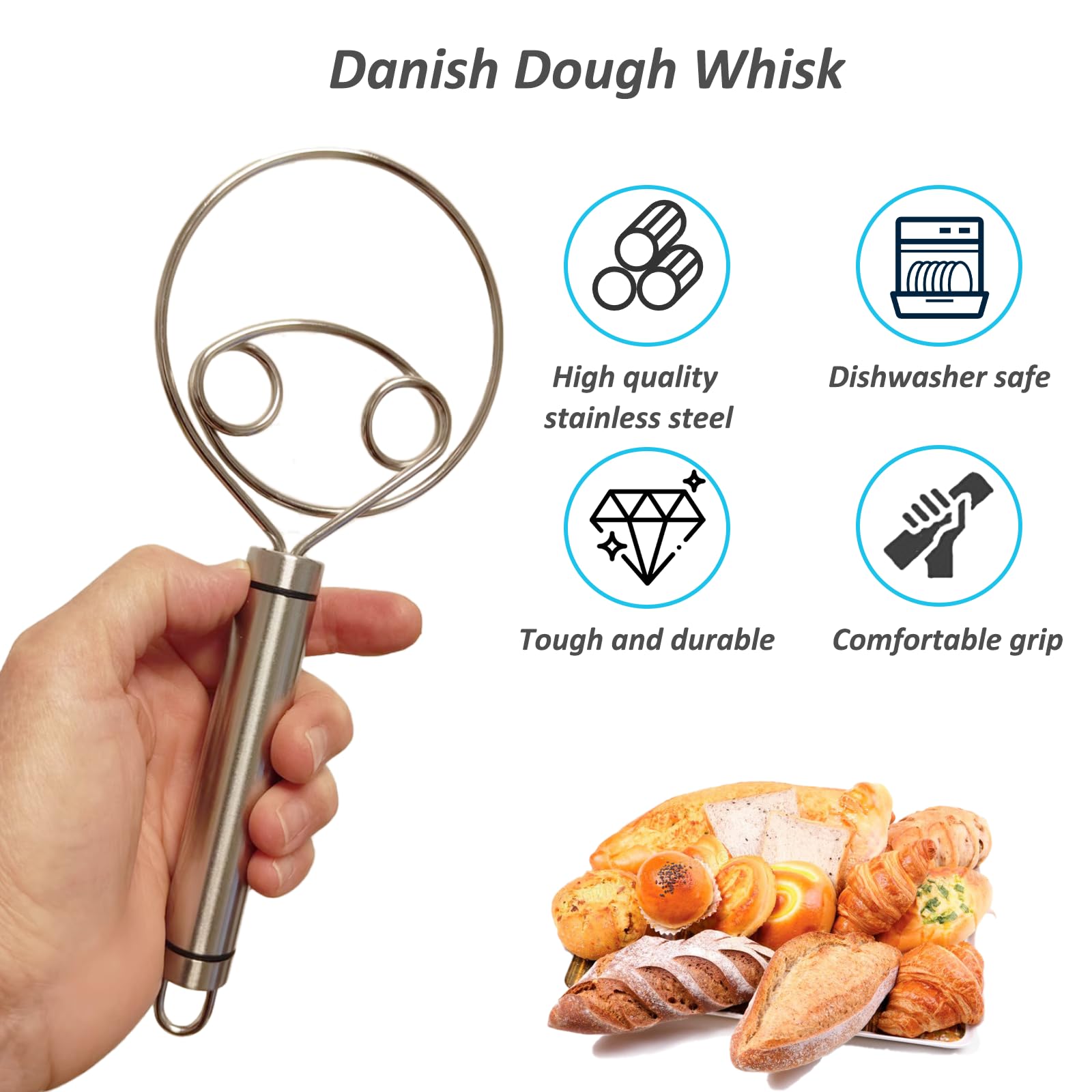 Premium Stainless Steel Danish Dough Whisk - Large Hand Mixer for Bread, Pastry & Pizza Dough - 2 Design Options - Perfect for Baking, Artisan Cooking & Homemade Dough Preparation
