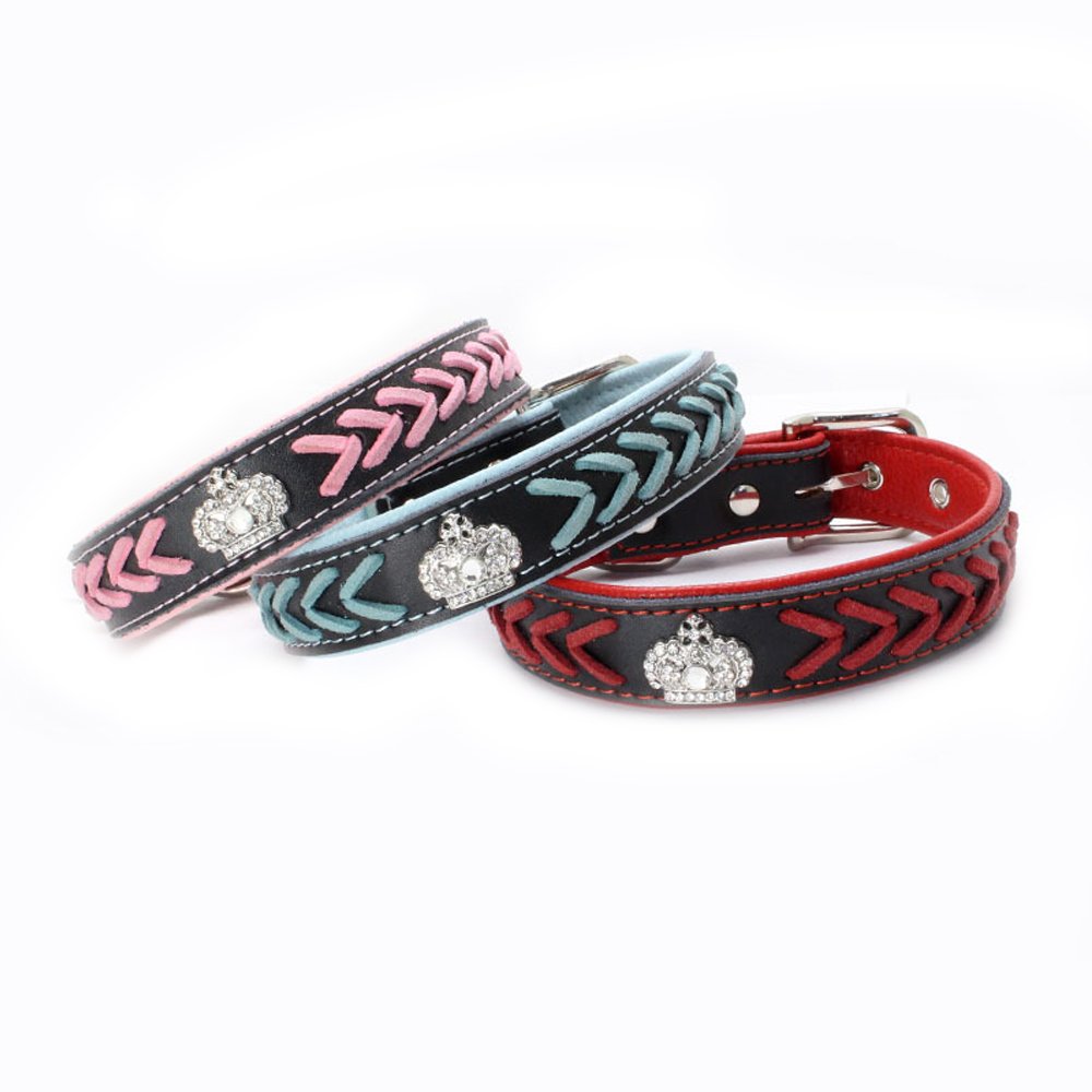 Handmade Genuine Leather Braided Dog Collar with Rhinestone Crown - Adjustable 14.5