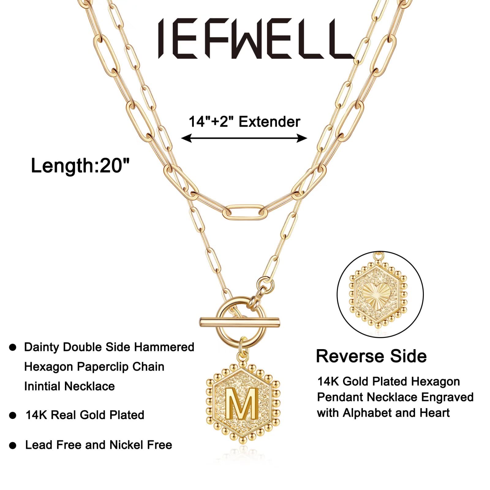 IEFWELL 14K Gold Plated Layered Necklace for Women - Rose Gold & Silver Paperclip Chain with Toggle Clasp, Initial Pendant Necklace Jewelry | Perfect for Layering, Everyday Wear, Gift Giving & Special Occasions