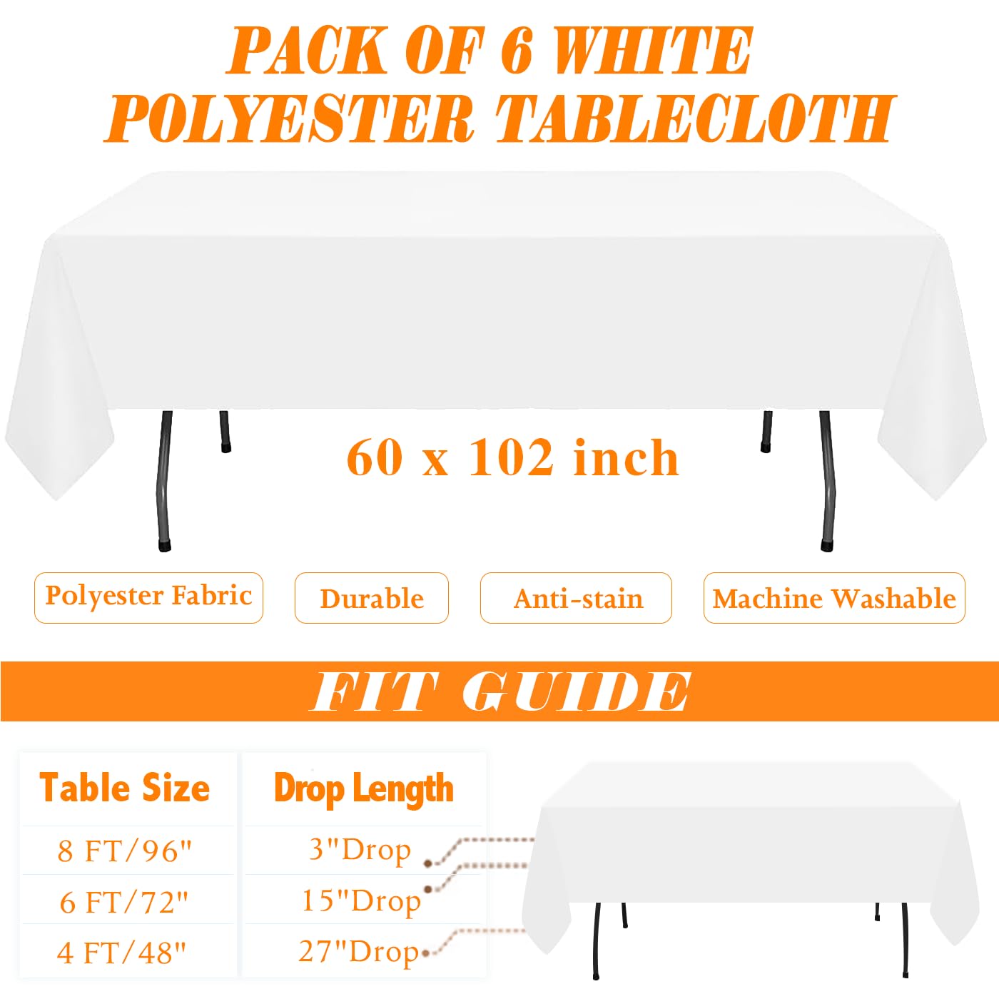 WIGENIUS 6 Pack White Rectangle Tablecloths 60x102 Inch - Polyester Table Cover for 6 Foot Tables, Wrinkle Resistant & Washable Fabric - Perfect for Parties, Weddings, Banquets, Restaurants, and Home Dining Decor