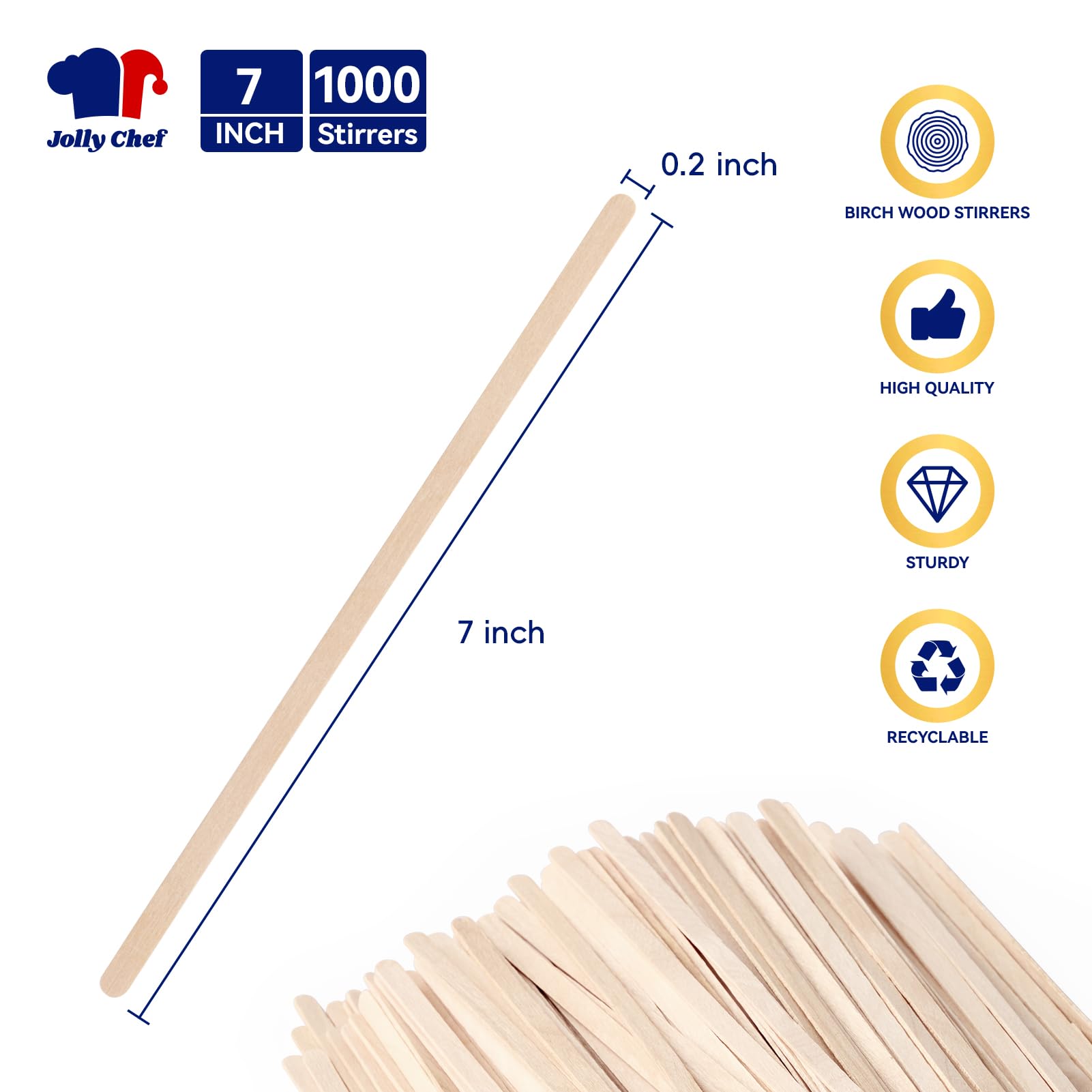 JOLLY CHEF 1000 Count Natural Birch Wood Coffee Stirrers - 7 Inch Eco-Friendly Stir Sticks for Coffee, Tea & Hot Beverages - Perfect for Home, Office & Cafes