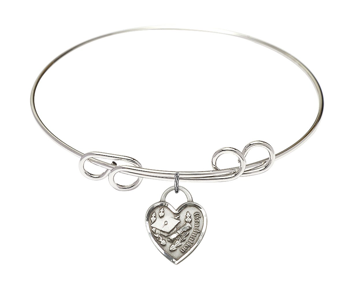 Sterling Silver Round Double Loop Bangle Bracelet with Graduation Heart Charm - Elegant Jewelry Gift for Women, Perfect for Graduation, Anniversary & Special Occasions