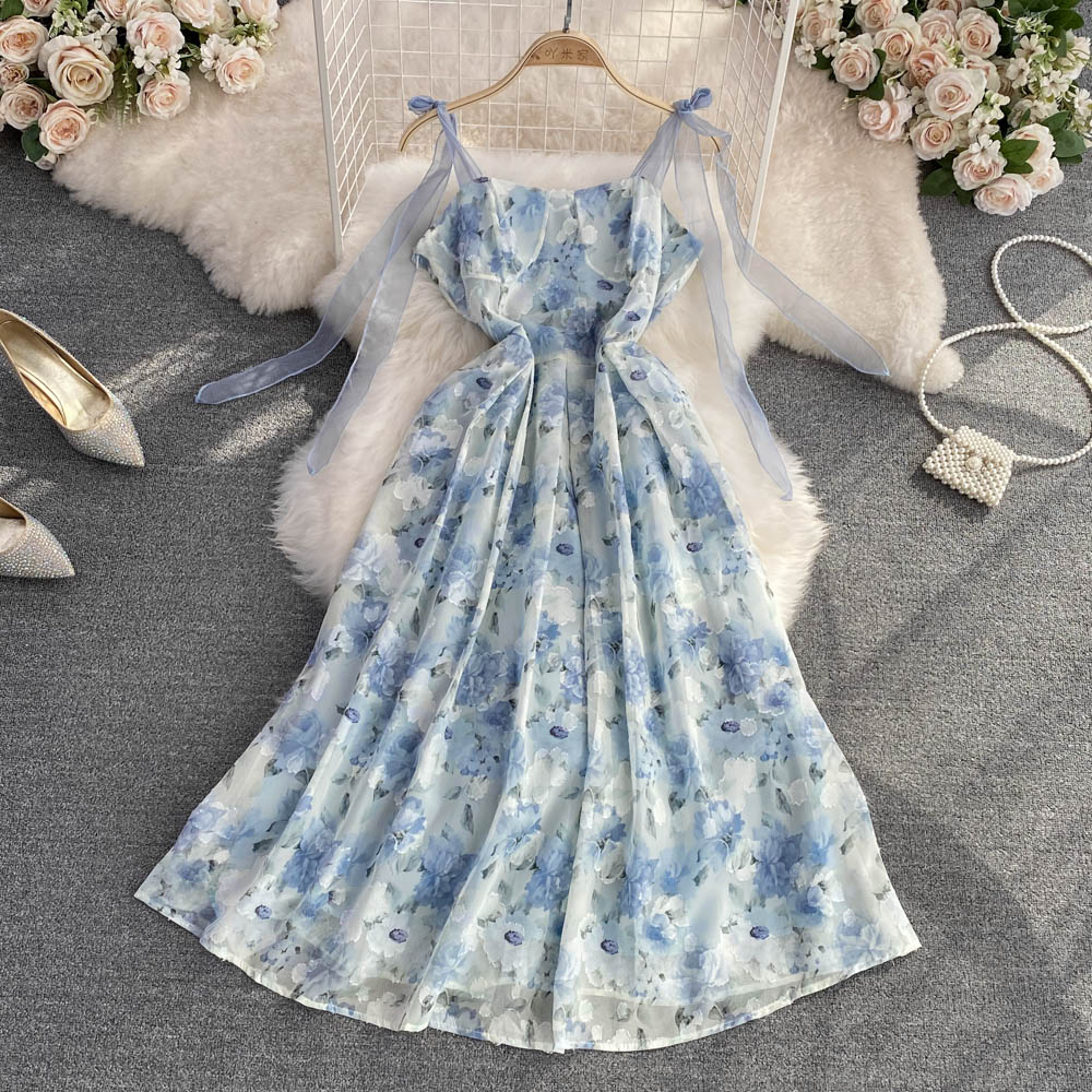 French Floral Chiffon Spaghetti Strap Fairy A-Line Dress for Women - Elegant Summer Beach Wedding Party Maxi Dress