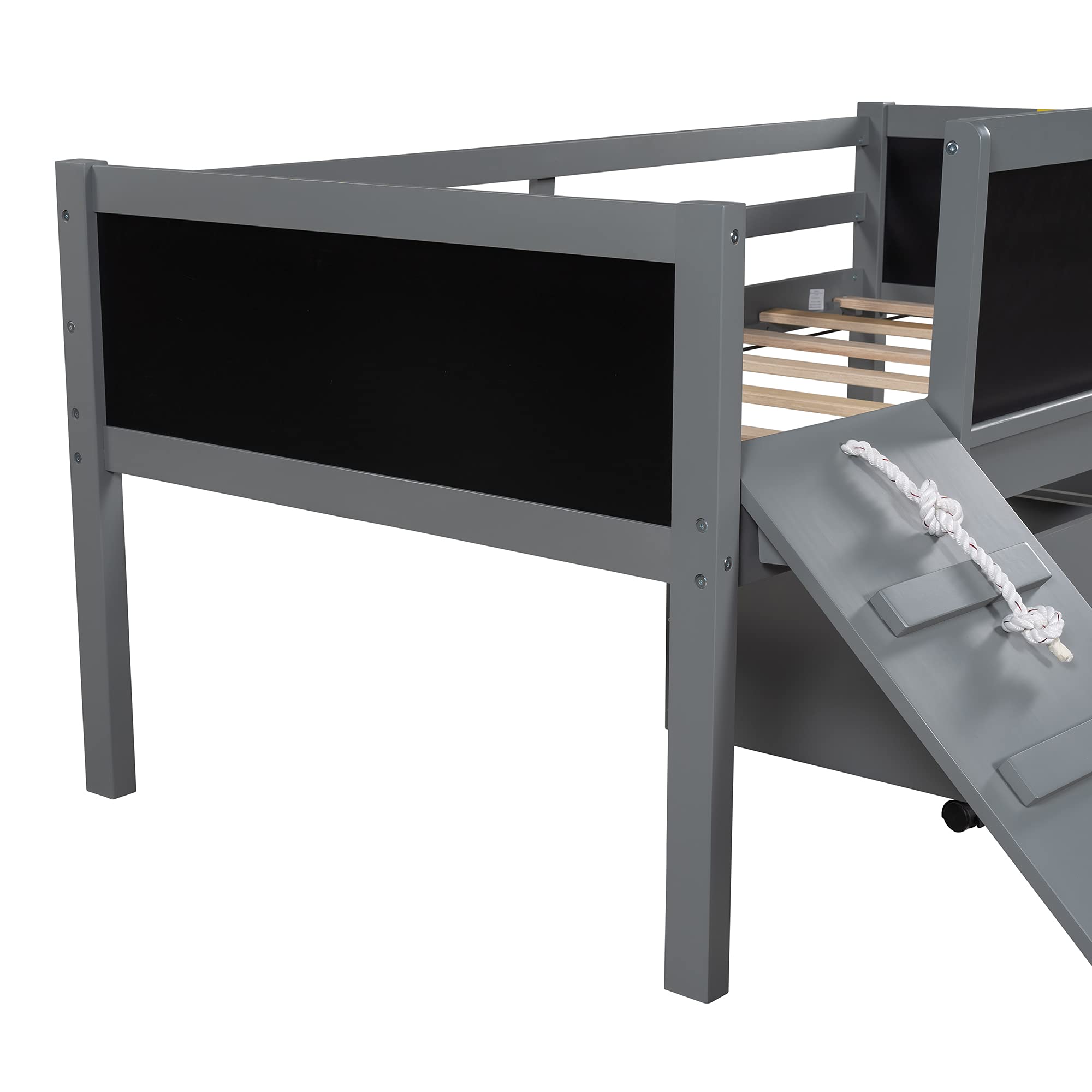 Harper & Bright Designs Wooden Kids Loft Bed with Slide & Chalkboard - Twin Size Low Loft Bed Frame with 2 Storage Boxes for Boys & Girls (Grey) - Perfect for Small Bedrooms, Playrooms & Kids' Space Saving Furniture