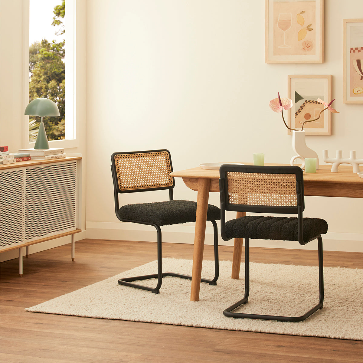 Blake Rattan Boucle Dining Chair - Modern Woven Rattan Accent Chair for Kitchen, Dining Room, or Breakfast Nook - Comfortable & Stylish Seating for Home Decor