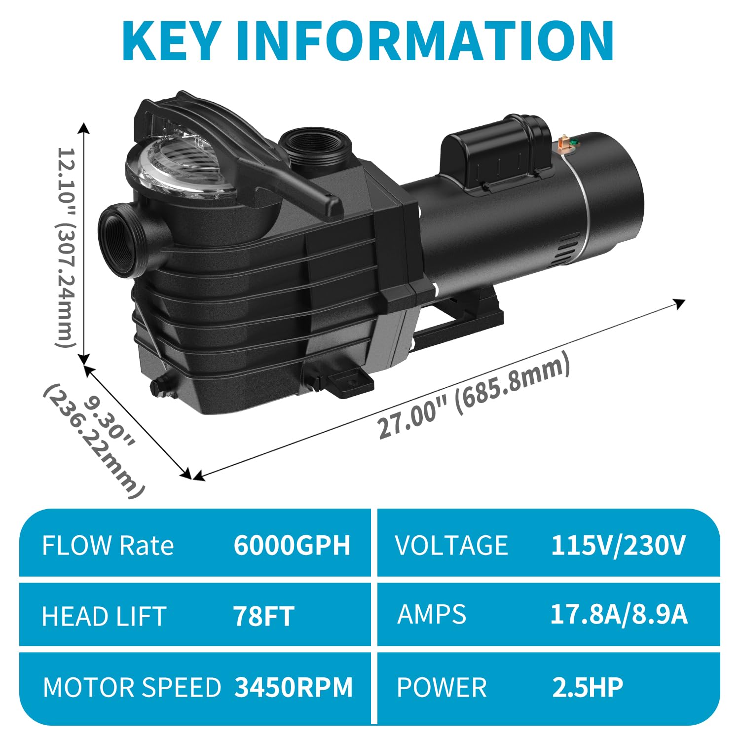 Pipopa 2.5HP 6420GPH Dual Voltage Pool Pump (115V/230V) for Above Ground & Inground Pools - Super Powerful, Energy Efficient, Saltwater & Freshwater Safe, IP44 Waterproof - Perfect for Backyard, Residential & Commercial Swimming Pools