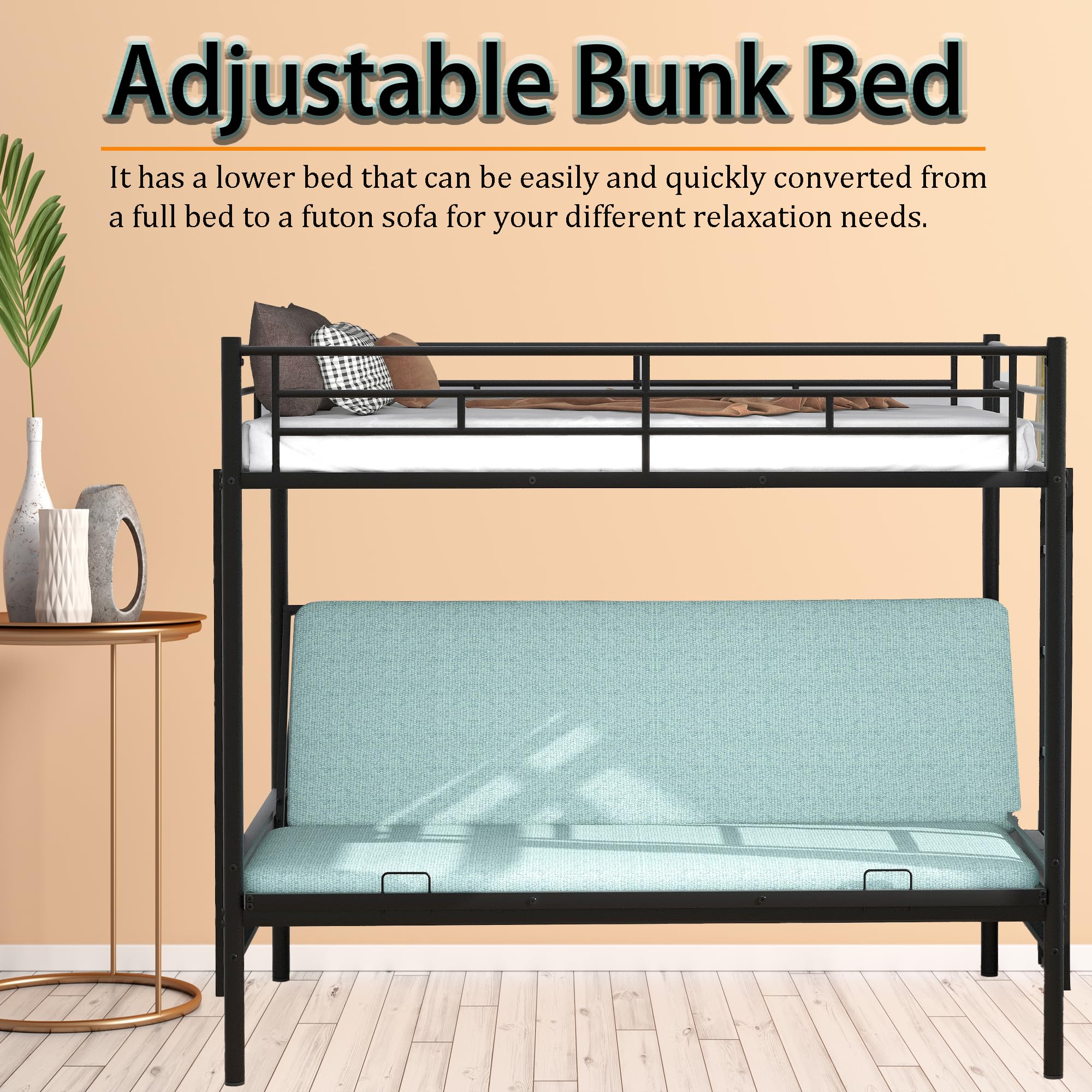 Twin Over Full Metal Bunk Bed with Convertible Futon Couch - Sturdy Steel Foldable Sofa Bed for Kids, Teens & Adults | Guardrails & Ladder Included | Perfect for Small Spaces, Guest Rooms & Dormitories