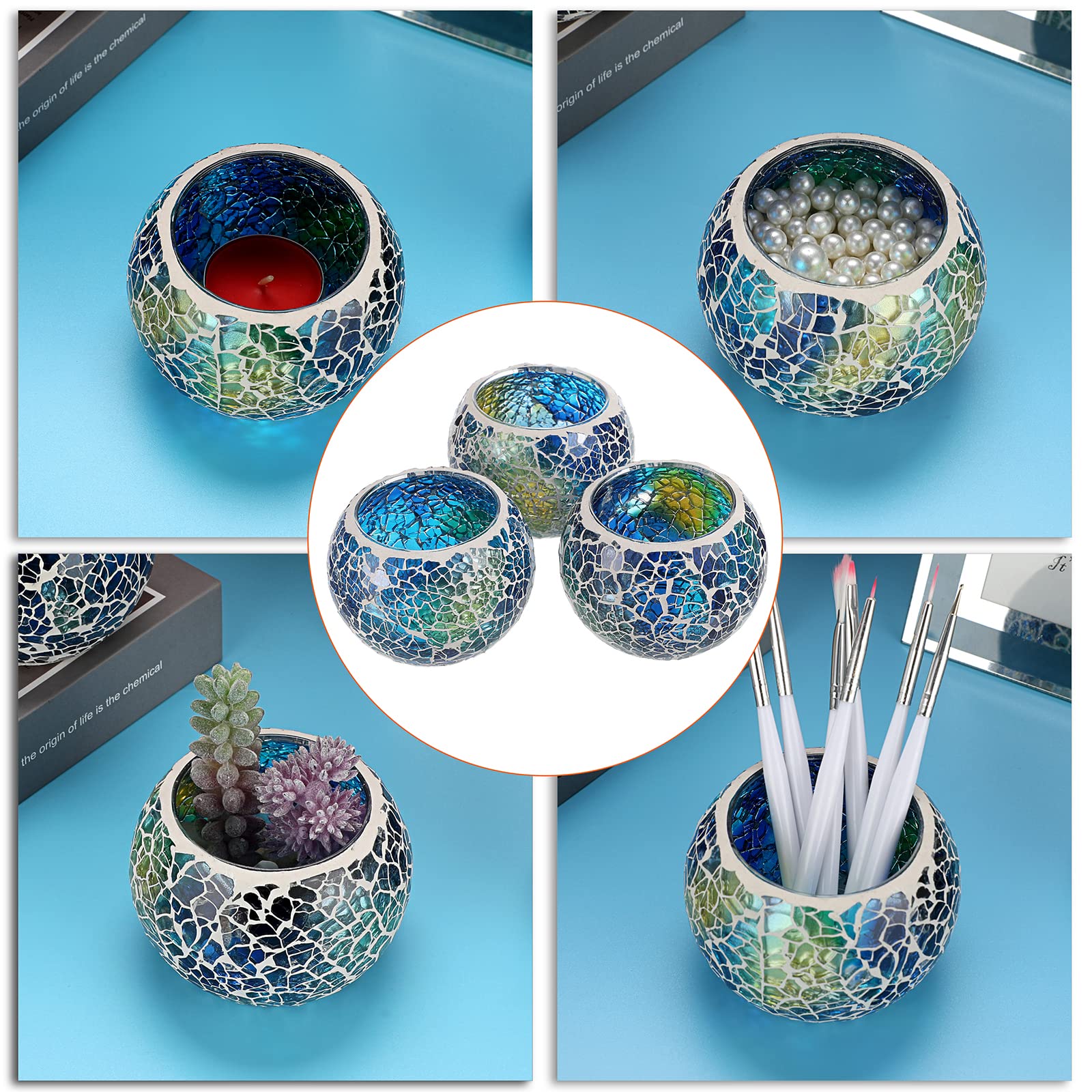 Set of 3 Blue Mosaic Glass Tea Light Holders - Round Bowl Votive Candle Stands for Wedding Centerpiece, Table Decor, Home & Party Decoration